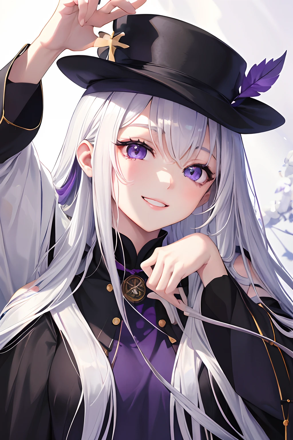 masterpiece:1.2、hightquality、top-quality、hight resolution、detaileds、A hyper-realistic、20Beauty of the same age、long hair of white color,,,,,,,,,,,,,,,,、Beautiful purple eyes、tilt of the head、morning glow、Green grass々Shigi々、birdie、rainbows、portlate、Lovely smile、showing teeth、(A detailed face)、((foco nítido))、((faces))、The upper part of the body_Body、Black hat、Fortune teller's style、Holding tarot cards in his hand。