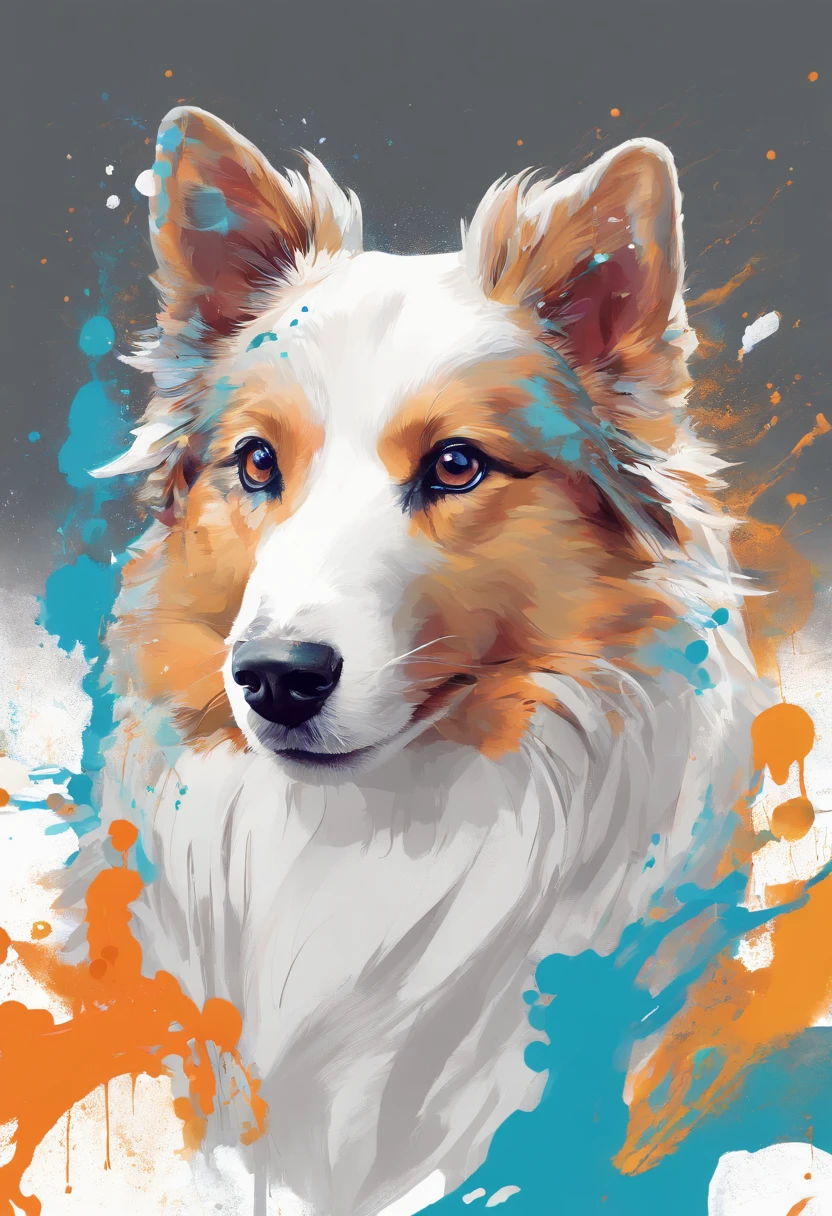 Splash Art, Shetland Shetland Shepherd Dog, ((White background)), piercing eyes, Epic Instagram, art  stations, splash style of color paint, contours, hyper detailed intricately detailed , illusory engine, Fantastical, intricately details, Splash screen, Complementary colors, fantasy concept art, 8K resolution, Deviantart's masterpiece, Oil painting, Heavy strokes, paint drips, splashart