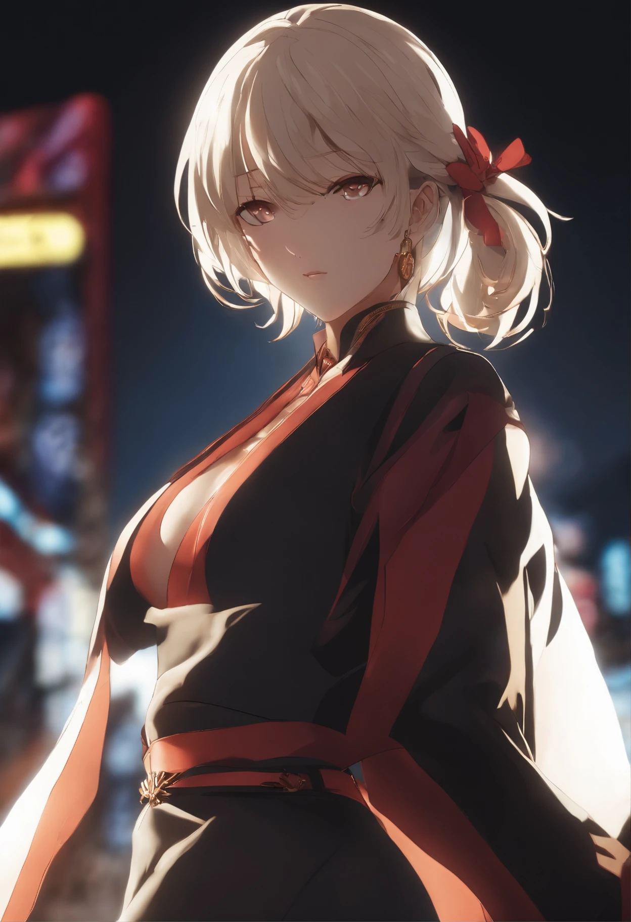 (Backlighting,umbigo:1.1,cabelos pretos),Uma bela mulher vestindo uniforme escolar nas ruas movimentadas de Gintama, cercado por vendedores, Retrato bonito de uma menina deusa impressionante, Rosto bonito e detalhado, Pele de Porcelana, tiro de meio corpo, Centrado,((luar,Noite,large neon lights,strong neon lighting,Rim lighting,dual-tone lighting))),