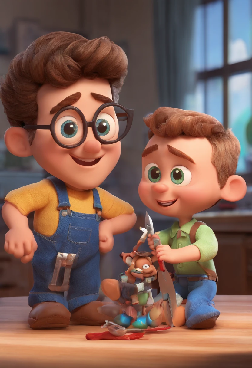 Estilo Pixar: The grown man is holding a naked blue-eyed boy and in his other hand he is holding a pair of scissors and is trying to cut off the boy's testicles,3D Poster,Disney