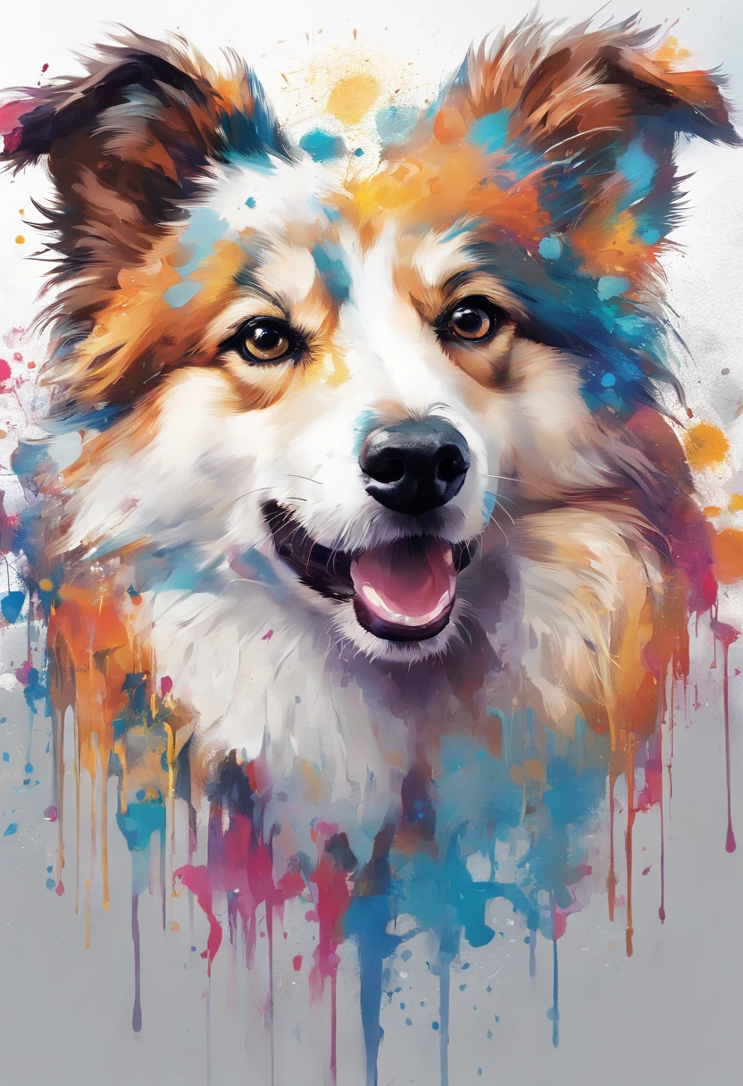 Splash Art, Shetland Shetland Shepherd Dog, ((White background)), piercing eyes, Epic Instagram, art  stations, splash style of color paint, contours, hyper detailed intricately detailed , illusory engine, Fantastical, intricately details, Splash screen, Complementary colors, fantasy concept art, 8K resolution, Deviantart's masterpiece, Oil painting, Heavy strokes, paint drips, splashart