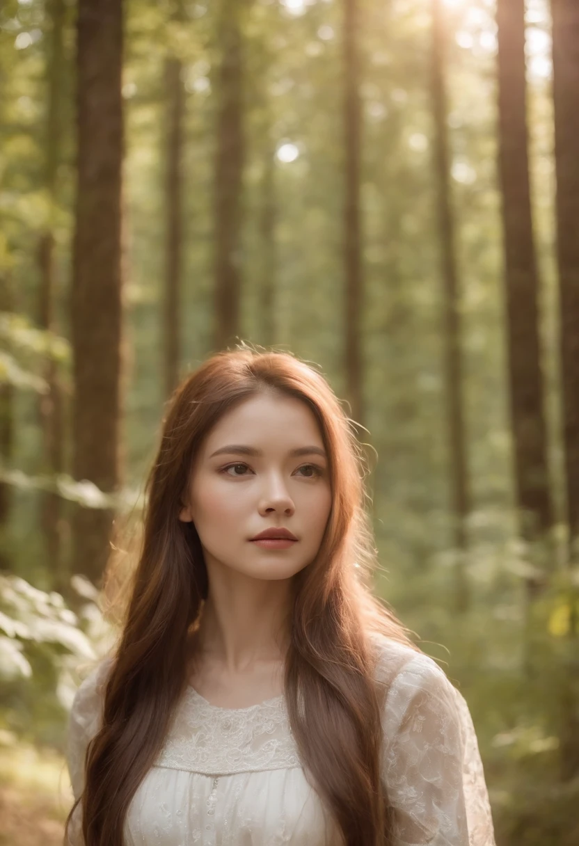 One long hair Girl，strolling in the forest，bust，and the sun was shining brightly。