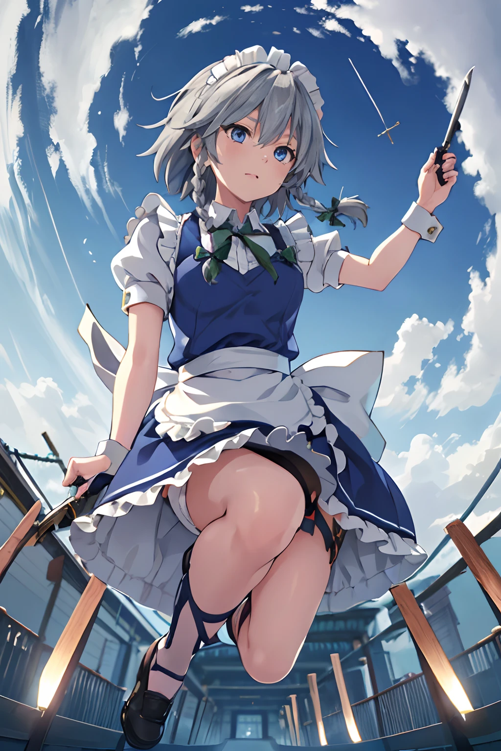 1girl, 8k, (masterpiece, best quality, perfect lighting, direct lighting:1.2),  (full body), fisheye, from below, sky view, beautiful clear sky,
a photo of a cute girl, izayoi sakuya, throwing knives, in a precincts of shrine,
dynamic pose,   outdoors,
BREAK
blue eyes, maid headdress, braid, grey hair, maid, twin braids, short hair, wrist cuffs, bow, hair bow,  short sleeves, ribbon, apron,