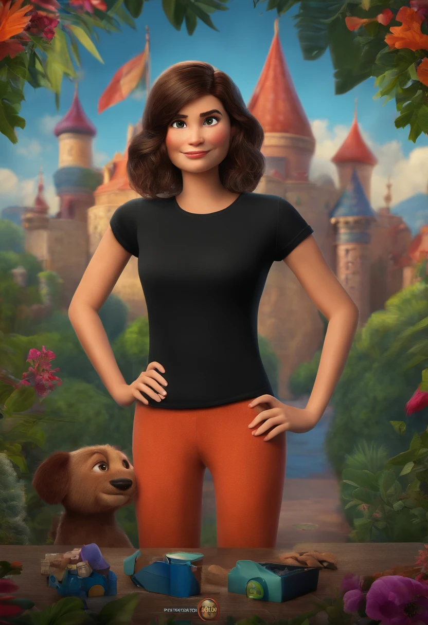 filme Marketing 2023 estilo filmes Pixar, Com nome "N - Marketing", poster, With short, lighter brunette hair and a black t-shirt in front of her crossed arms.