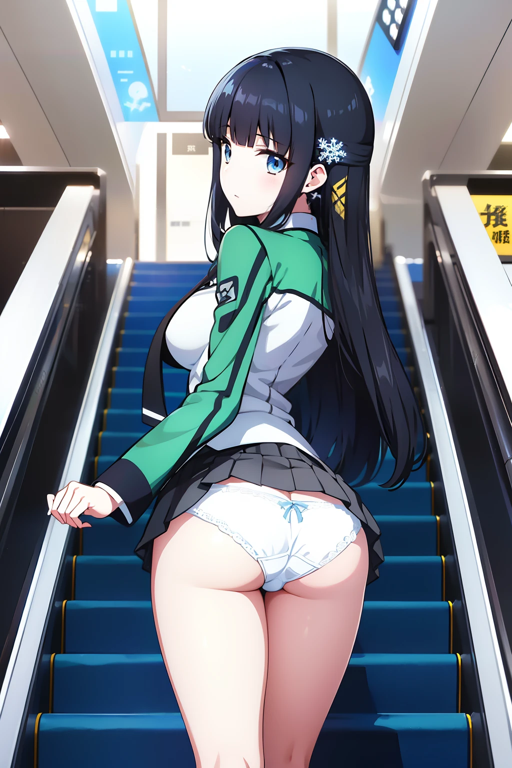 Miyuki, 1girl in, Solo, long_hair, Naughty big、large full breasts、Bangs, Blue_Eyes, Black_hair, hair_ornament detached, long_sleeves, School_uniform, hair_bow ribbon, blunt_Bangs, white_Dress, own_Hands_Together, Black_neck tie, で_missiles, Yuki, Snowflake_hair_ornament detached、Look at viewers、、Stand on the escalator, (By up escalator), (lower body shot), Thigh Focus, (Taken from the bottom 1.3), (View from behind1.3)、 (white panties:1.3)、(Skirt that rolls up:1.3)、(Fully exposed panties:1.5)
