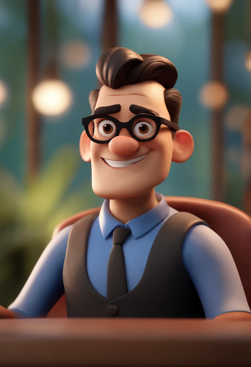 Cartoon character of a man wearing black glasses and a blue shirt, um personagem animado, Caractere estilizado, animation style rendering, 3D estilizado, Arnold Maya render, 3 d render stylized, toon render keyshot, Personagem 3D, Personagem 3D, 3d rendering stylized, 3 d character render, personagem de desenho animado, Personagem de close up, Pose de personagem, (Estilo Pixar) (master part:1.2) (Bokeh) (best quality) (pele detalhada) (textura detalhada) (8k) (argila) (Cinematic lighting) (foco nítido,Senta e vaza a parte superior do corpo