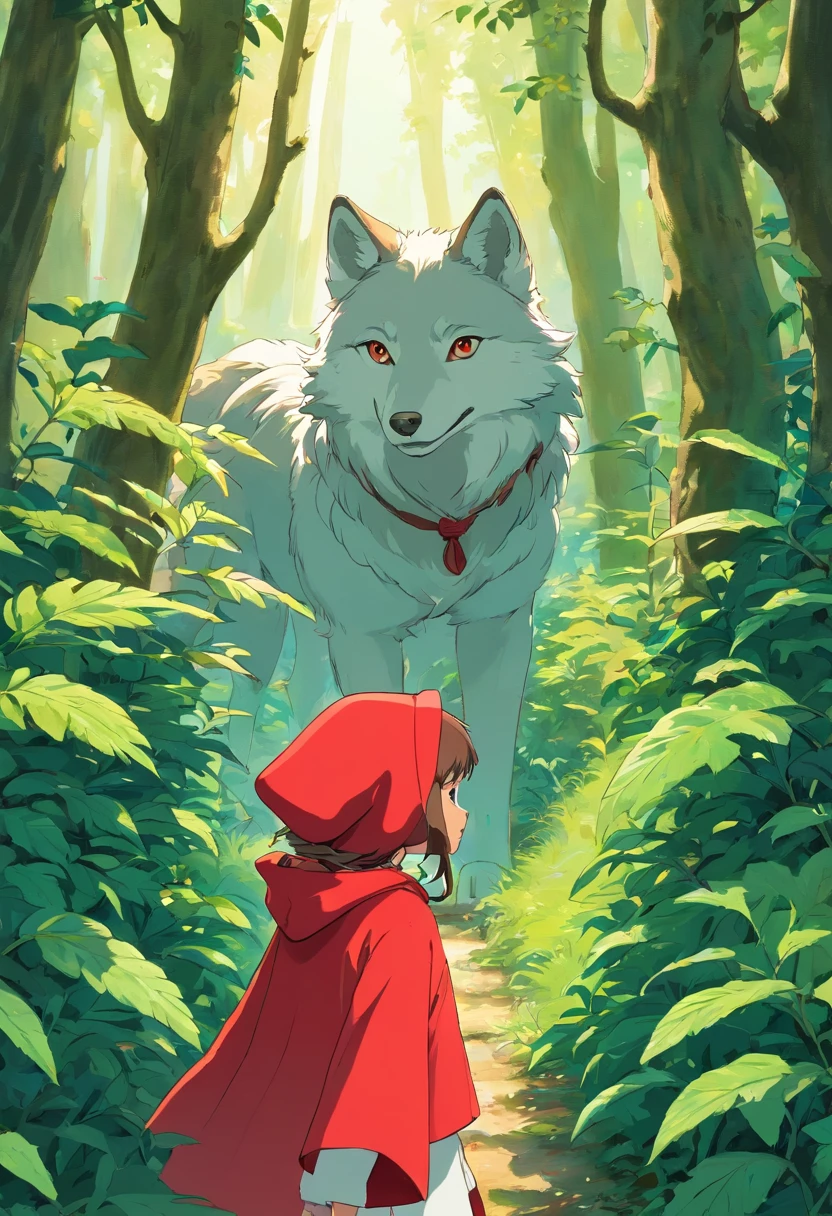 In the bushes,A cunning wolf quietly observes Little Red Riding Hood in the distance,Look at the back of Little Red Riding Hood,There was malice in his eyes。in the style of Hayao Miyazaki