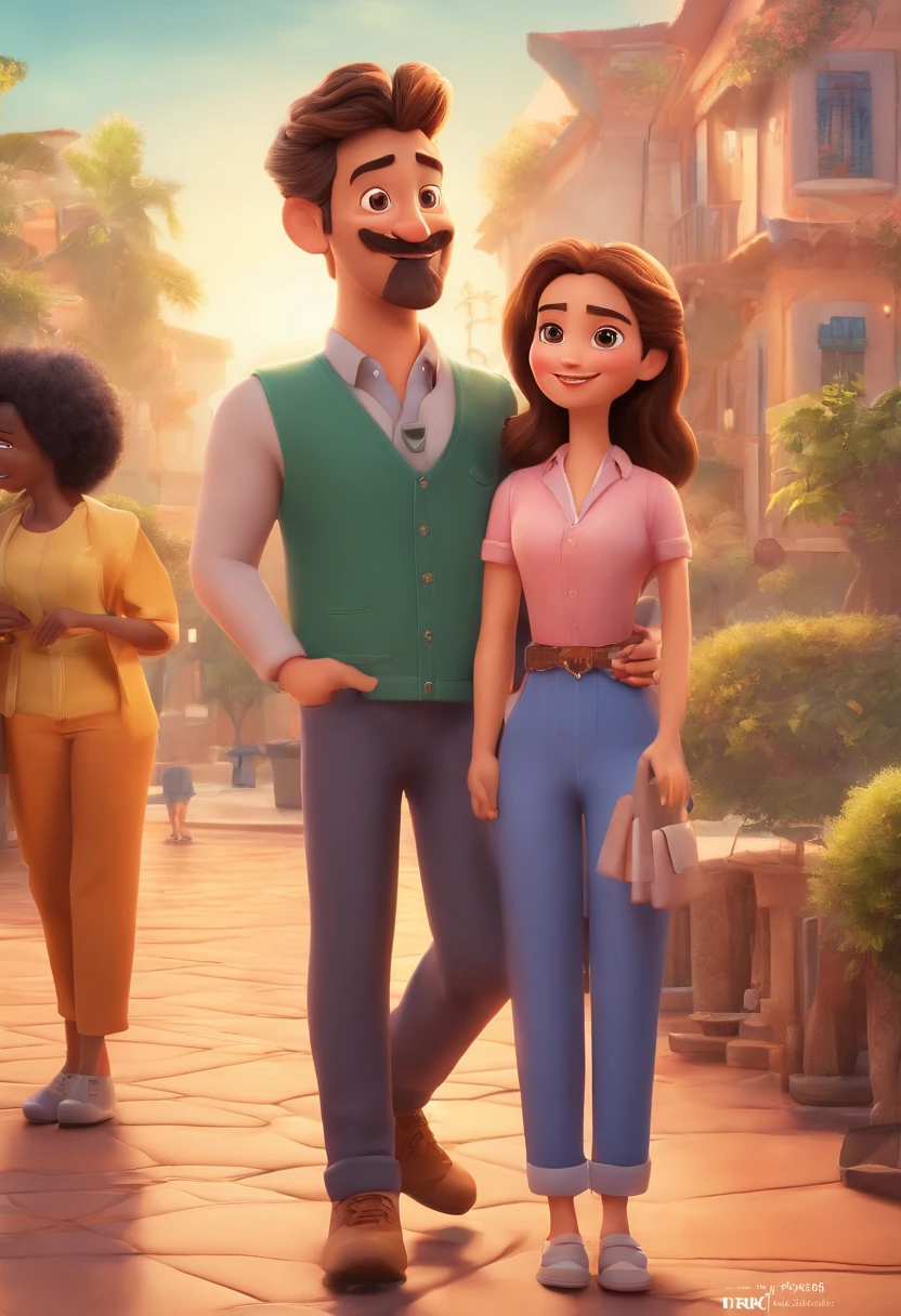 An illustration of an adorable couple, Destacando um homem e uma mulher com beleza, Expressive eyes – the man's hair is straight and brown and he has a mustache and goatee , While the woman's hair is tied up in a bun and blonde. They are a bright space, Todos com um sorriso no rosto, e compartilhe um momento especial, That is marked by love, viagem, and pedagogical insights. Ilustre esta cena a partir de uma perspectiva, where they're facing away from the camera, Show Your Connection. Desenvolva esta arte em Full HD, Focus on your cinematic touch, Estilo Disney Pixar Animations