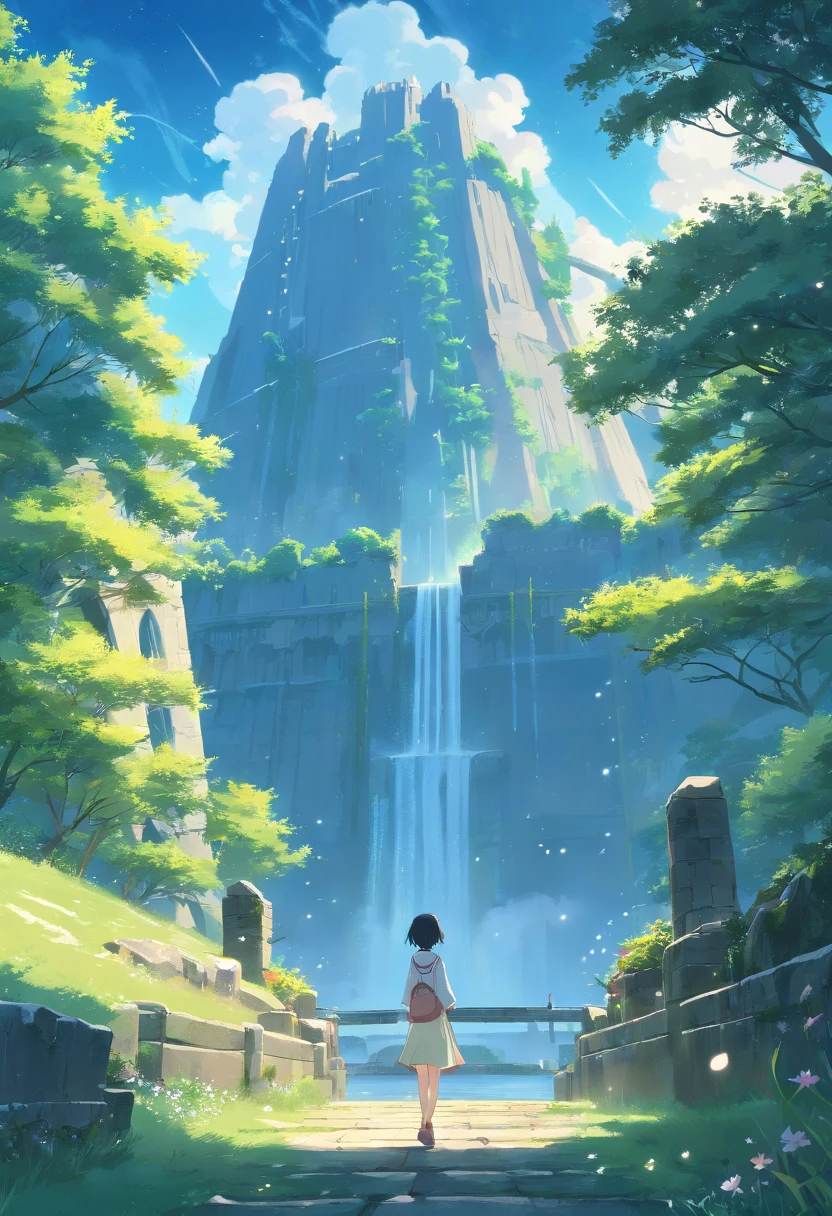(Masterpiece, illustration, Best quality, Detailed,A high resolution:1.4), In the distance, Colorful, vibrant, Lush big breasts, voluminetric lighting, Contrast, , From a distance, Depth of field , scenery, Landscape painting, concept-art, Intricate and tiny details, Stylized, , mostly cloudy sky, Starry night sky under moonlight, fantasy, Old Kingdom City [Colosseum,divino,basilica] scenery, Snow, waterfallr, , Trees in full bloom Grass flowers ,  Rocky mountains and forest snow in the background ,    , (Fantasy magic:1.4)
