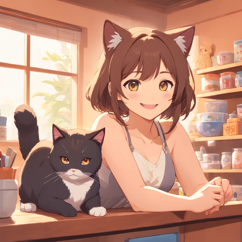 Little cute isometric cat emoji, Tuxedo jack, calico cat, hairy pubic，Cute big breasts, Pet shop background, soft and muted colors, 3d icon clay rendering, Spring: 120mm, 3D blender rendering, trending on polycount, modular constructivism, Orange background, physically-based renderingt, The kitten in the middle raised her hand,A smile