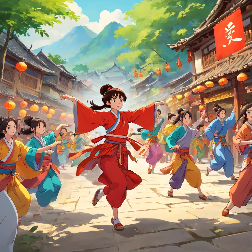 rural village background,Zhuang people,Sing mountain songs,Guangxi Mountain,a color,group of people,Girl,Zhuang costumes, Dance,Bamboo pole dance,Bamboo handicrafts,Bamboo pole dance,A group of ethnic groups with Guangxi Zhuang characteristics,Dance together,Fight monsters,Chase away the monsters,Zhuang Festival