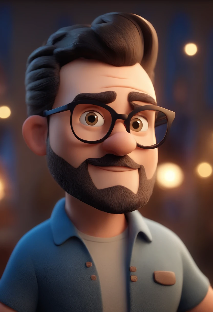 Cartoon character of a man wearing black glasses and a blue shirt, um personagem animado, Caractere estilizado, animation style rendering, 3D estilizado, Arnold Maya render, 3 d render stylized, toon render keyshot, Personagem 3D, Personagem 3D, 3d rendering stylized, 3 d character render, personagem de desenho animado, Personagem de close up, Pose de personagem, (Estilo Pixar) (master part:1.2) (Bokeh) (best quality) (pele detalhada) (textura detalhada) (8k) (argila) (Cinematic lighting) (foco nítido，Senta e vaza a parte superior do corpo