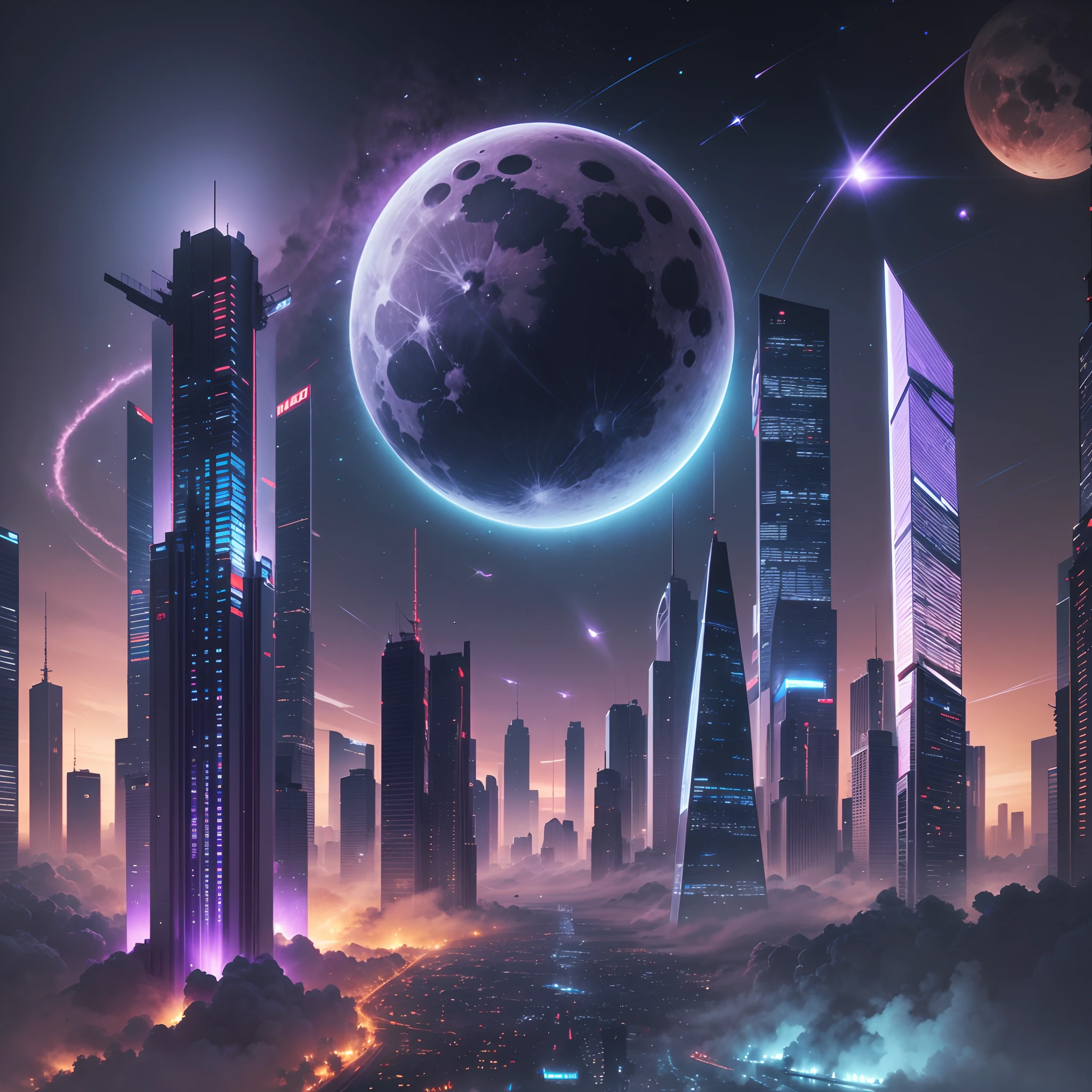 create an animated scene with a war place in moon where robots and skyscrapers fighting with bright colors, ultra violet swords from the sky jets. --auto --s2