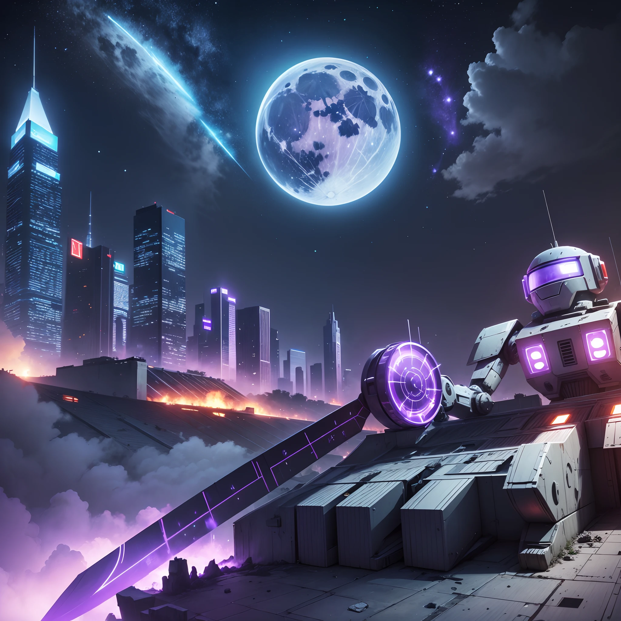 create an animated scene with a war place in moon where robots and skyscrapers fighting with bright colors, ultra violet swords from the sky jets. --auto --s2