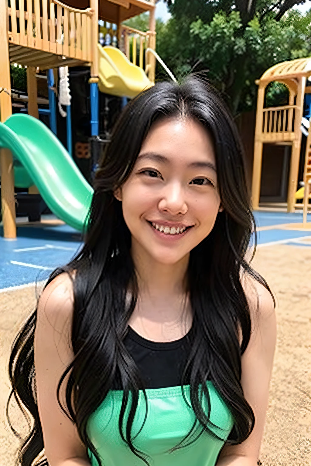 Long haired wavy girl，In a school playground，bust