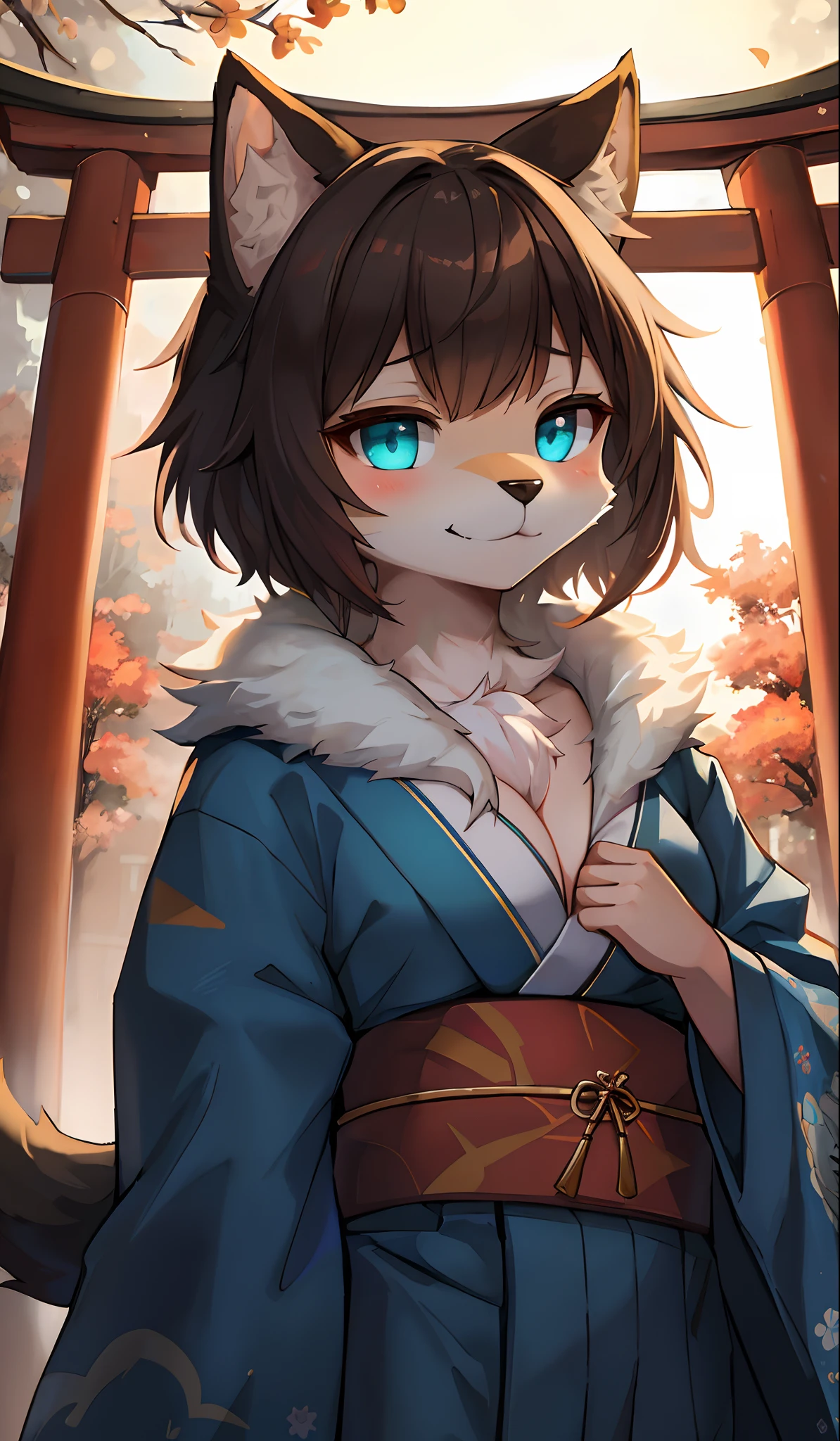 {NSFW:1.5},(Furry art, Uploaded on e621:1.4),(fluffy anthro furry:1.6),((Young:1.6)),(Short stature)(Furry girl:1.7),furry gril,Canine nose,Fluffy hair,Voluptious body,Torii,Japan kimono,The upper body robe is open(Medium-sized breasts:1.1),(sexy breast),Turquoise eyes,Cat eyes,Gradient pupils,hairy chest,Cinematic lighting, romanticism lain,Baroque style,Efficient texture, hyper HD, Masterpiece,Award-Awarded, Best quality, 16k, A high resolution, High quality