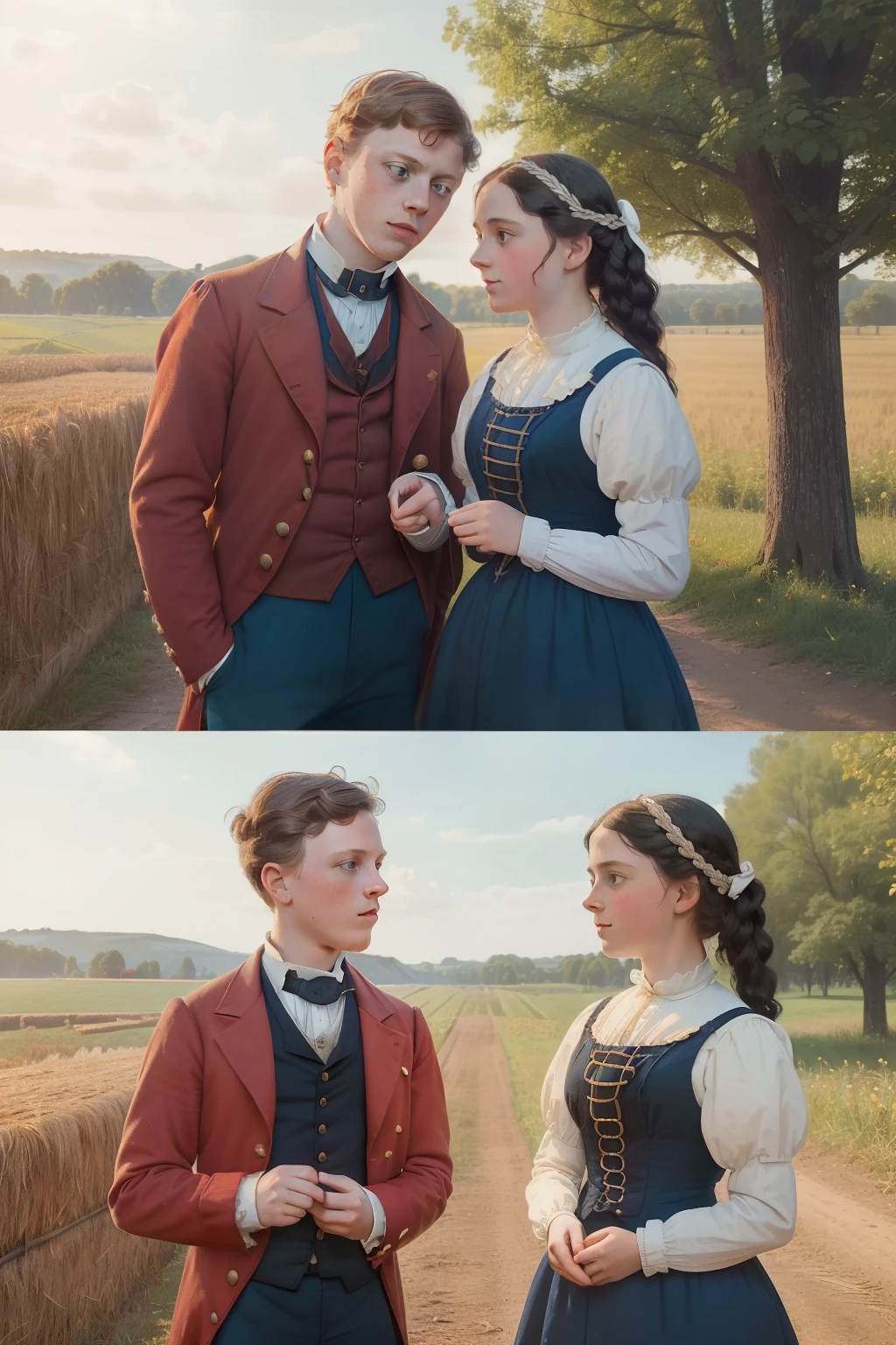 year: 1855. Location: Rock Island, Illinois. Pre-Raphaelite scene with a (((-yeld Gee MacKay))), with a 15-year-o gitalki crush, happy, ((((rural Clothing from the 1850s)))) ((Hairstyle of the 1850s)), ((("OMITB" cinematography)))