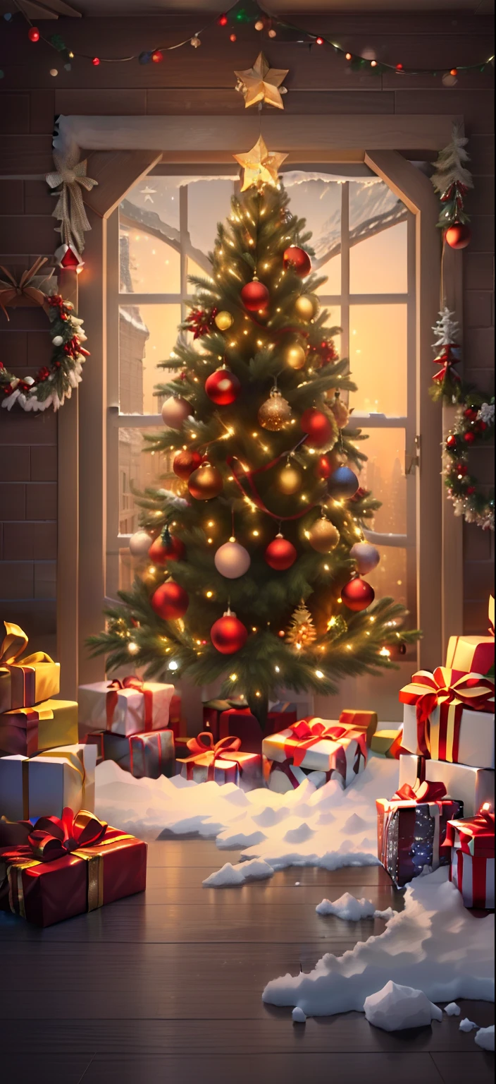 There is a Christmas tree in front of the window，There are gifts on it, background artwork, Christmas evening, hyper realisitc, Christmas tree, cozy wallpaper, detailed scene, 1128x191 resolution, Arte conceitual de inverno, cozy home background, snowy winter christmas night, 8K high quality detailed art, snow glow, realistic 3 d style, highly detailed scenario