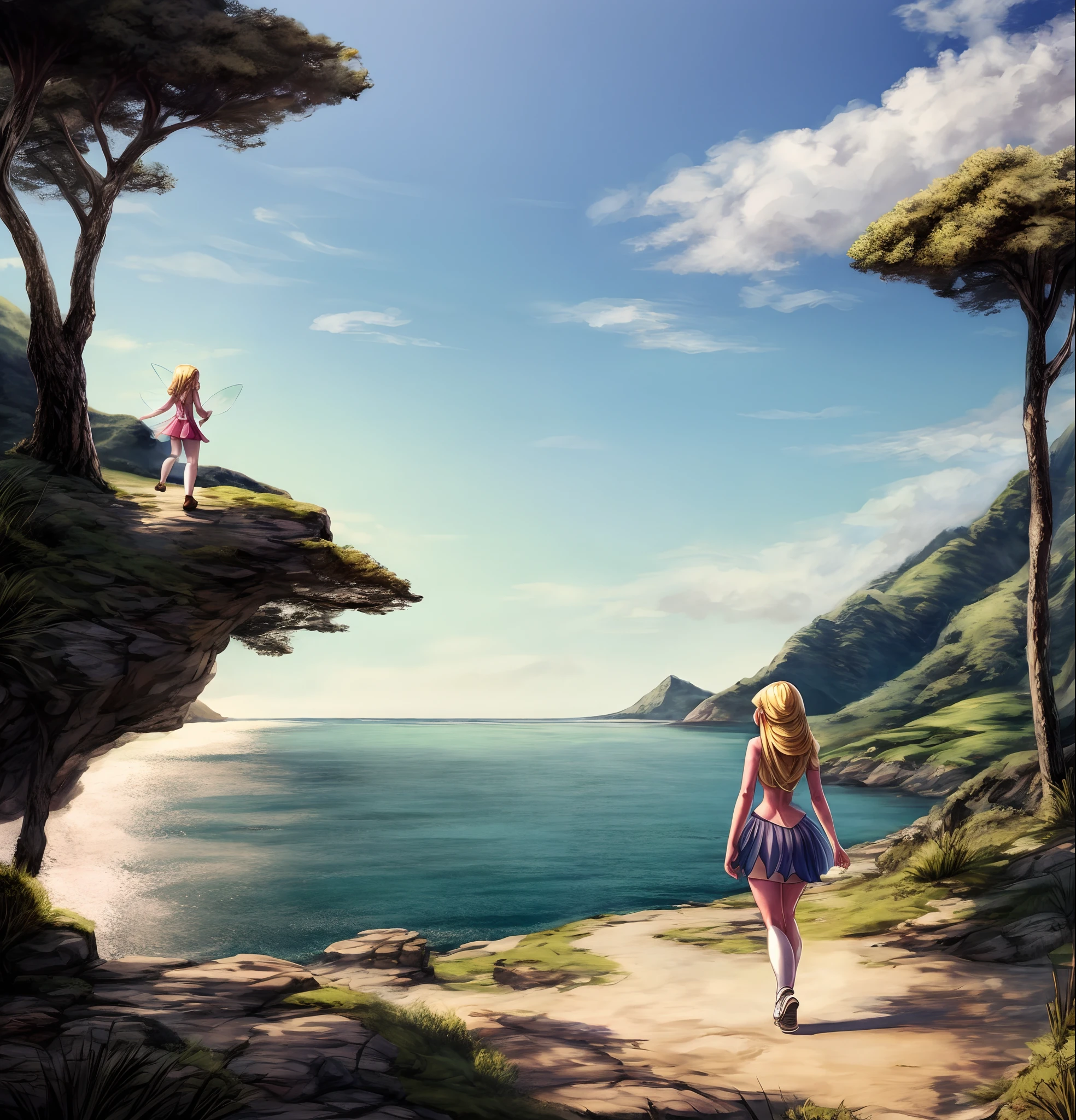 letho, The sea, Green mountains in the distance. In the foreground is a fairy girl with long blonde hair walking