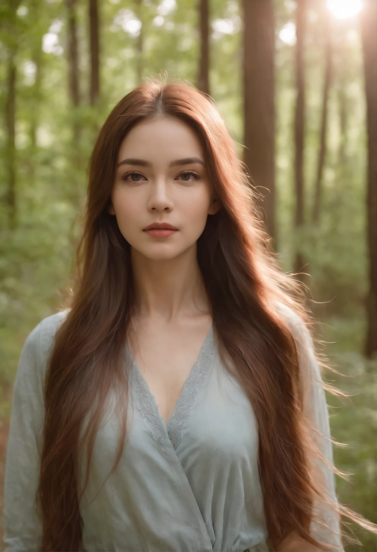 One long hair Girl,strolling in the forest,bust,and the sun was shining brightly。
