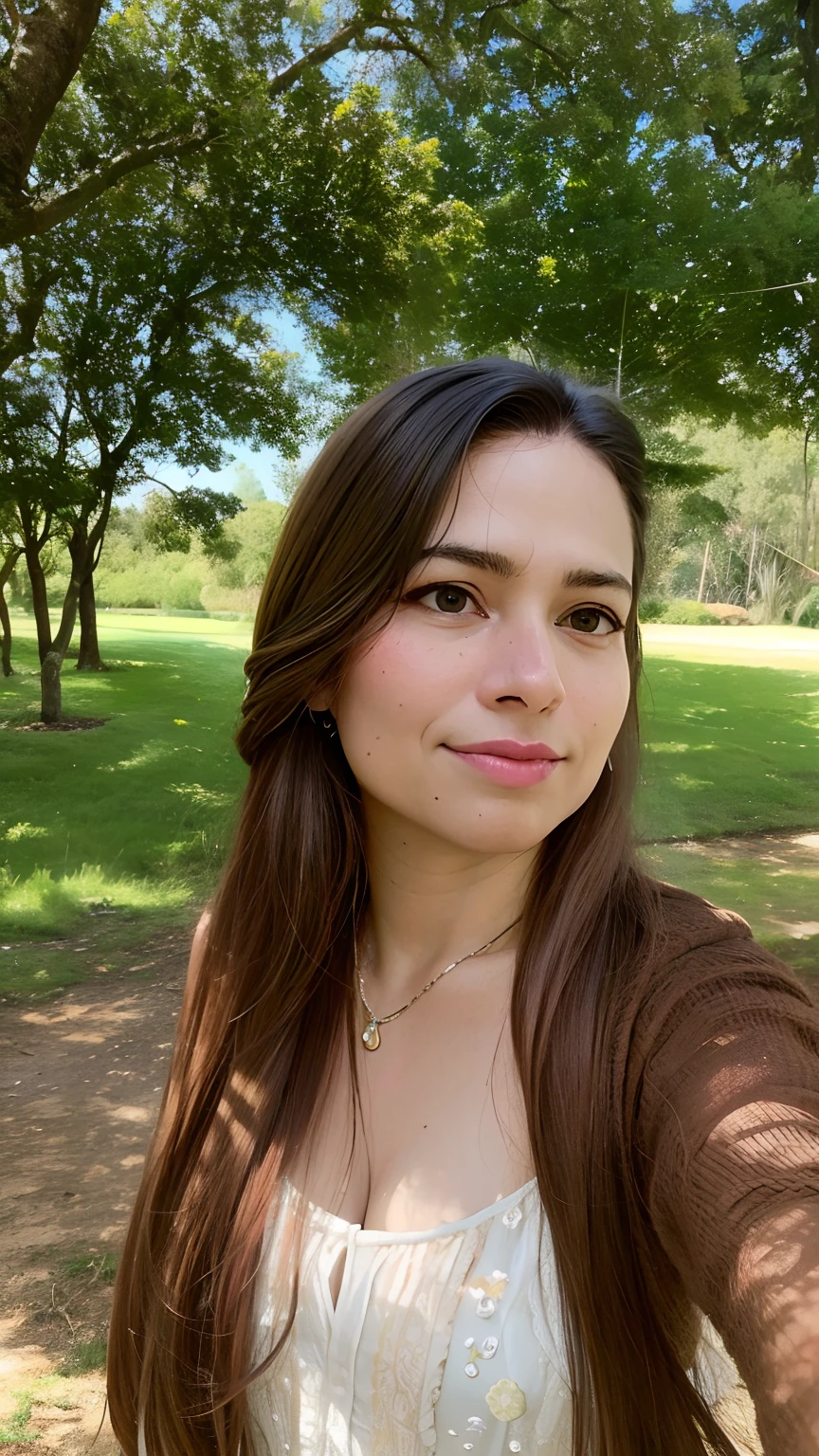 mulher arafed com longos cabelos castanhos e um vestido branco em um parque, fernanda suarez, Lorena Avarez, Alanis Guillen, (38 anos), julia fuentes, Foto realista, Karla Ortiz, inspired by Gina Pellón, retrato frontal, em frente a um fundo de floresta, com um parque ao fundo