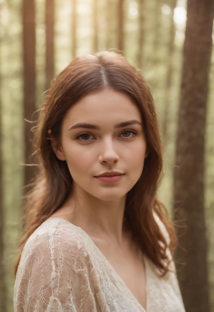 To create a portrait of a 27-year-old woman who is completely naked, with her legs open and her hair long, but her right eye is hidden by half of her hair. The photo must be very realistic