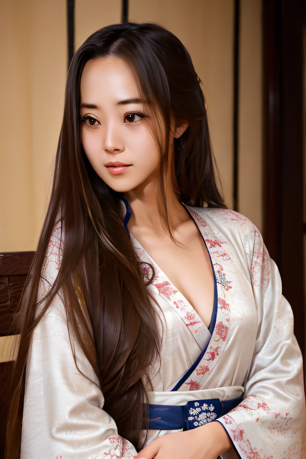 Girl with long hair and half body，ancient wind，Hanfu