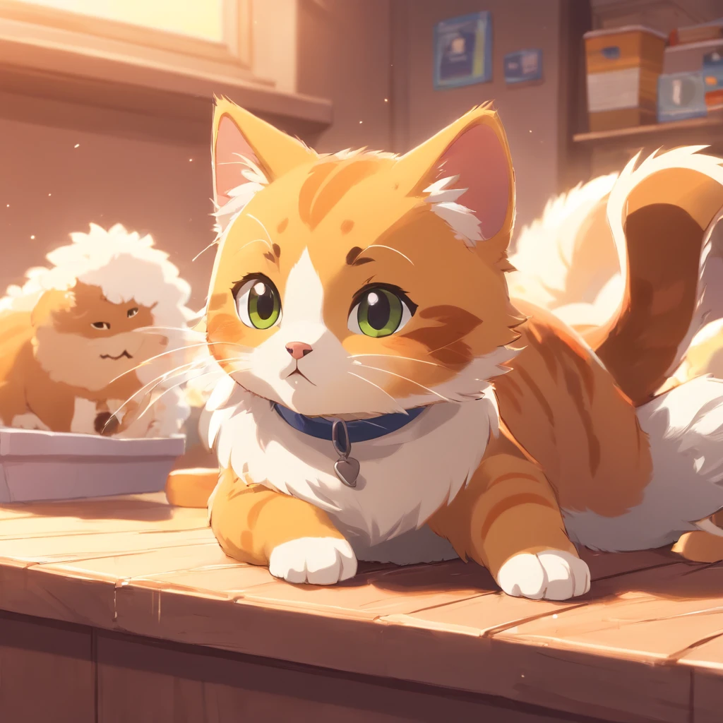 Little cute isometric cat emoji, Tuxedo jack, calico cat, hairy pubic,Cute big breasts, Pet shop background, soft and muted colors, 3d icon clay rendering, Spring: 120mm, 3D blender rendering, trending on polycount, modular constructivism, Orange background, physically-based renderingt, The kitten in the middle raised her hand