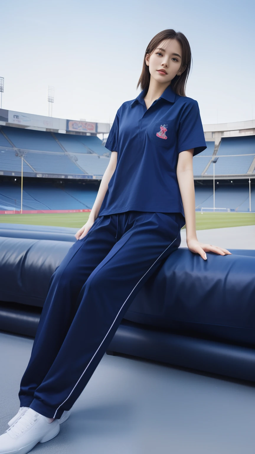(bestquality,10,10,highres,masterpiece:1.2),ultra-detail,(Realistic,photorealistic portrait,photo-realistic:1.37),1 cute girl sitting on the football field,oily shiny skin,bara,light smile,BDclothes,((blue shirt:1.3)),short sleeves,shirt, trousers.,(navy_long_Pants Track:1.1), ((Stadium Background:1.3)),dynamic angle,excited,face focus,Dynamic Poses,from behide,Ass Focus,masterpiece, bestquality, ultra realistic, hyper-detail, 8k resolution, RAW photo, crisp focus, ((Navy blue shirt:1.1)), short sleeves, Long Path, Perfect body, 2 mature women, 18yo, cinematic light,Blue sweatpants,Gymware,Correct anatomy,Complete body, Correct body, sharp face, Anatomically correct body, full entire body, Realistic gestures, long-haired, Realistic poses,Wear long shorts......................,Long leg span,Shapely,Sculpting Girl, Slender Figure, mannequin mannequins, Shapely, Beautiful body,Blue sweatpants