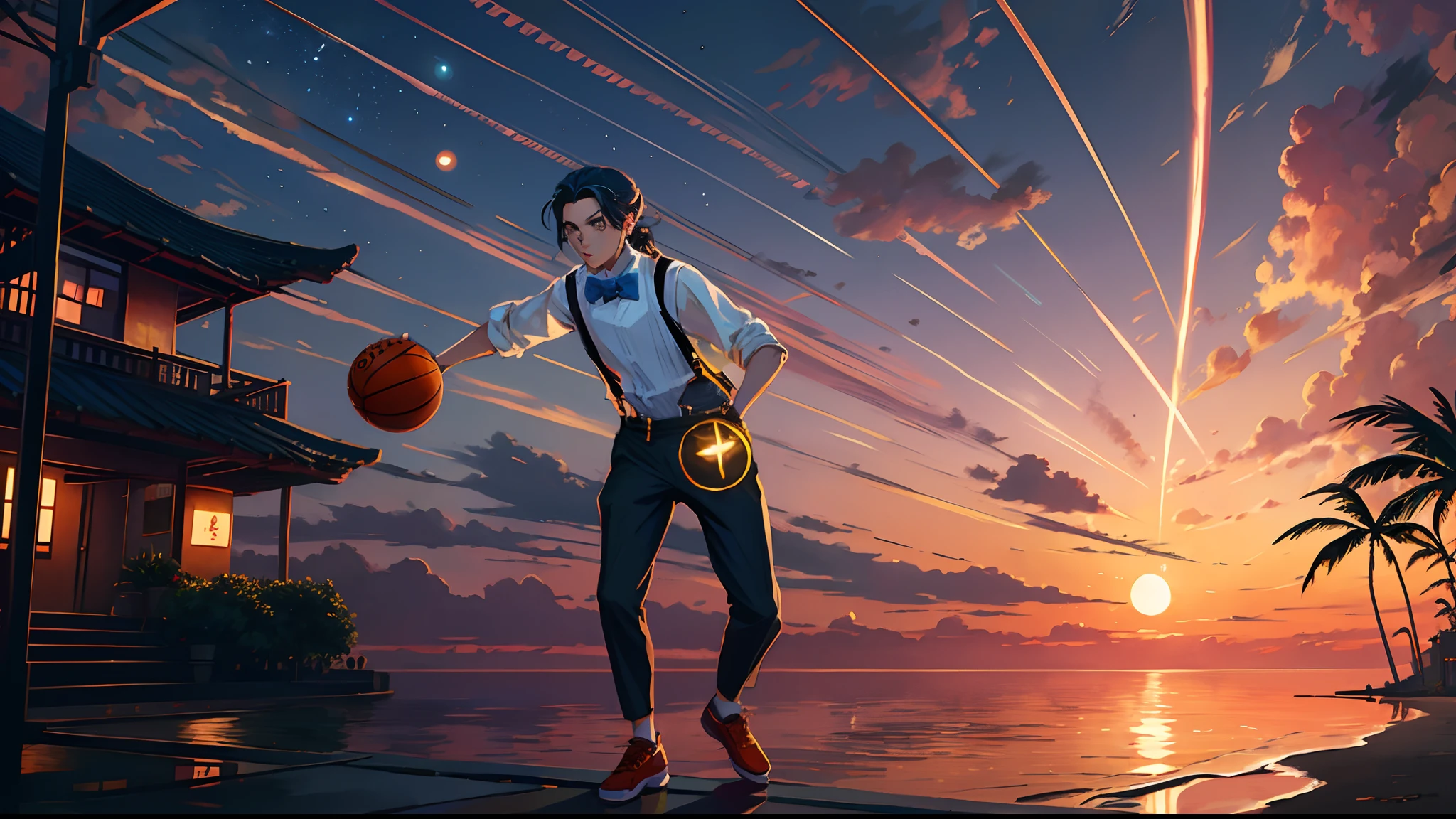 the sunset,eventide,middle parted hairstyle,Suspenders,Right-handed basketball,meteors(Swipe right),styled(Your name),A small lychee tree in the back