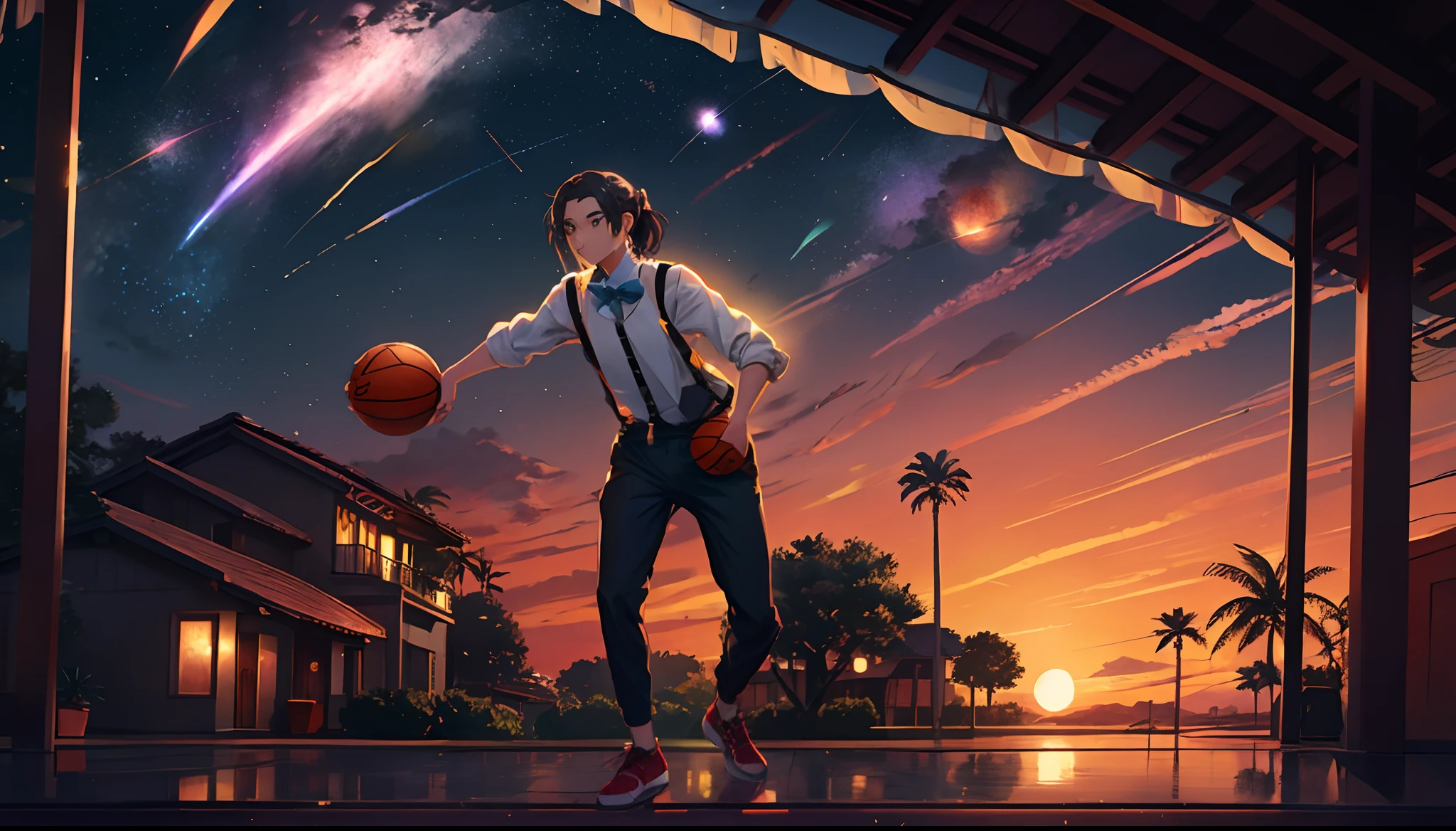 the sunset,eventide,middle parted hairstyle,Suspenders,Right-handed basketball,meteors(Swipe right),styled(Your name),A small lychee tree in the back