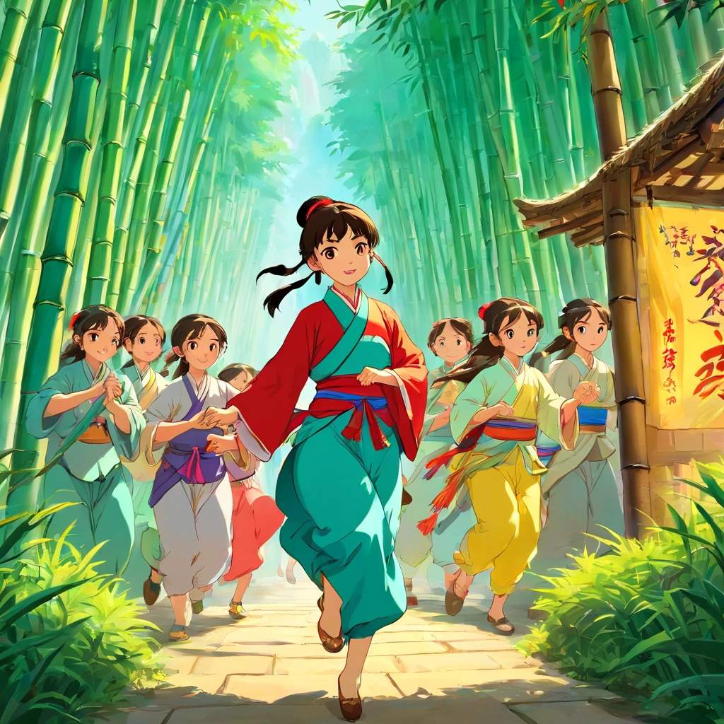 rural village background,bamboo forrest,Zhuang people,Sing mountain songs,Guangxi Mountain,a color,group of people,Girl,Zhuang costumes, Dance,Bamboo pole dance,Bamboo handicrafts,Bamboo pole dance,A group of ethnic groups with Guangxi Zhuang characteristics,Dance together,Fight monsters,Chase away the monsters,Zhuang Festival