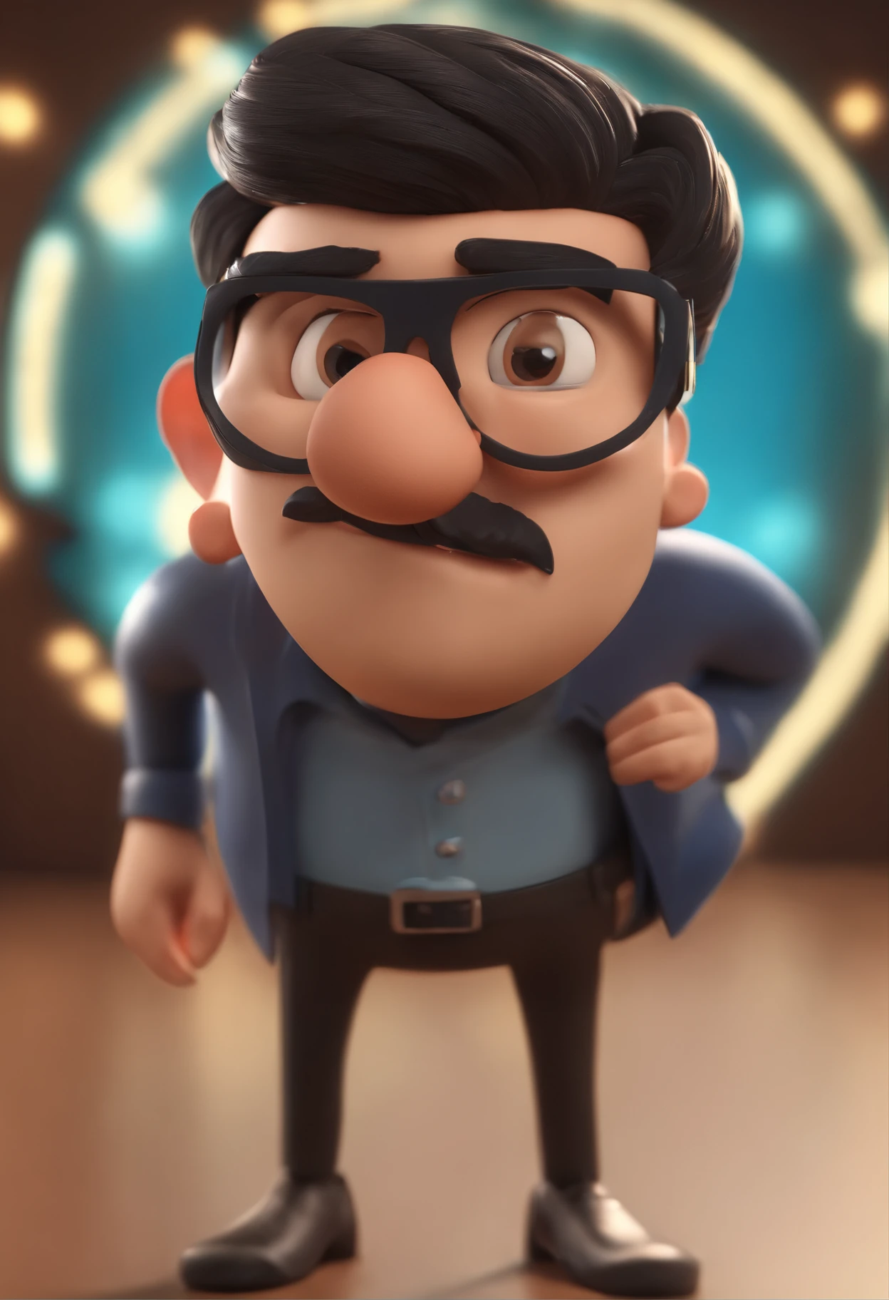 Cartoon character of a man wearing black glasses and a blue shirt, um personagem animado, Caractere estilizado, animation style rendering, 3D estilizado, Arnold Maya render, 3 d render stylized, toon render keyshot, Personagem 3D, Personagem 3D, 3d rendering stylized, 3 d character render, personagem de desenho animado, Personagem de close up, Pose de personagem, (Estilo Pixar) (master part:1.2) (Bokeh) (best quality) (pele detalhada) (textura detalhada) (8k) (argila) (Cinematic lighting) (foco nítido，Senta e vaza a parte superior do corpo