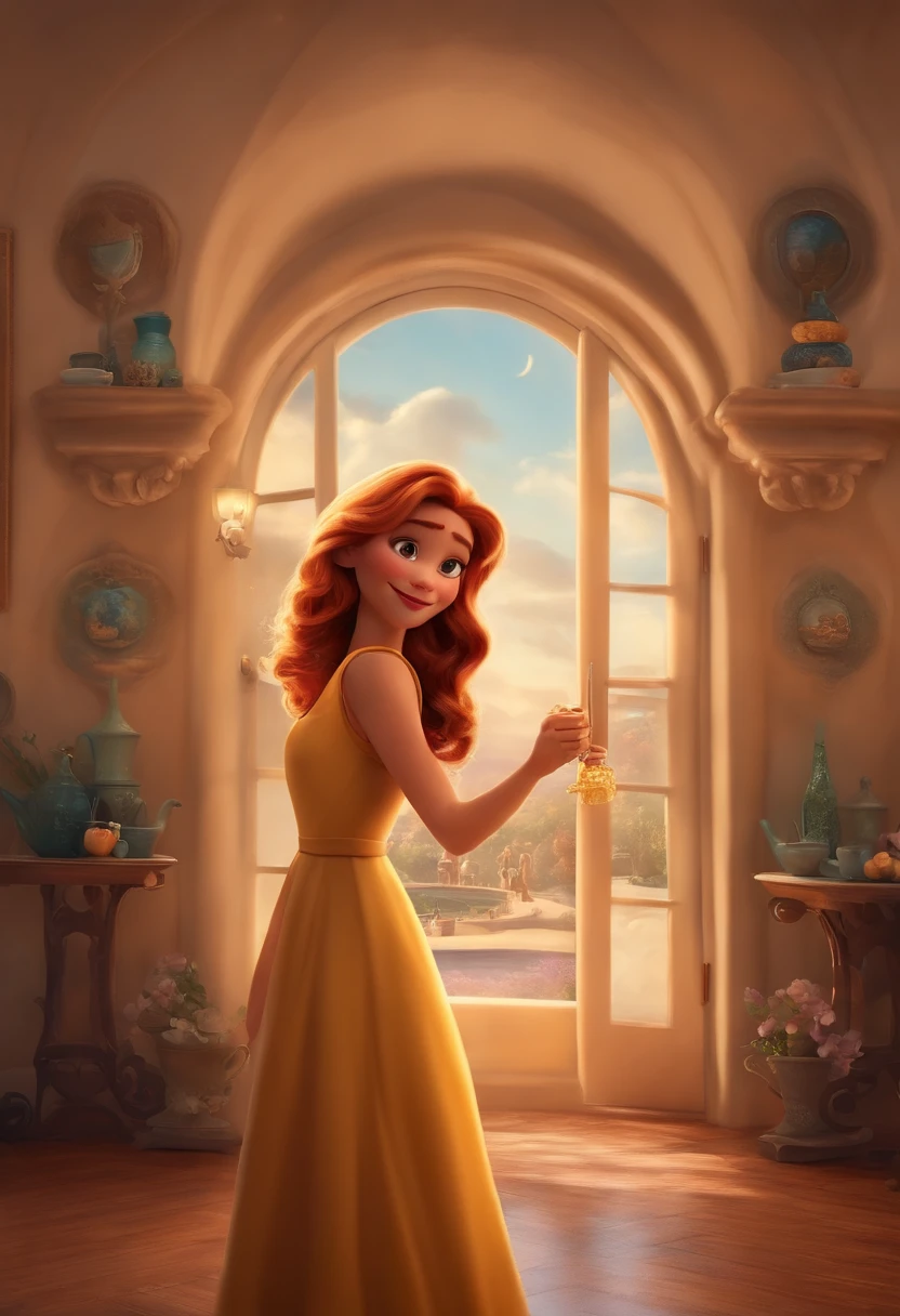 Um filme inspirado na Disney Pixar ( BRANCA JOVEM COM CABELO LONGO LOIRO) dentro A cena estar na arte distinta do estilo PIXAR, estilosa e elegante, Works with social media