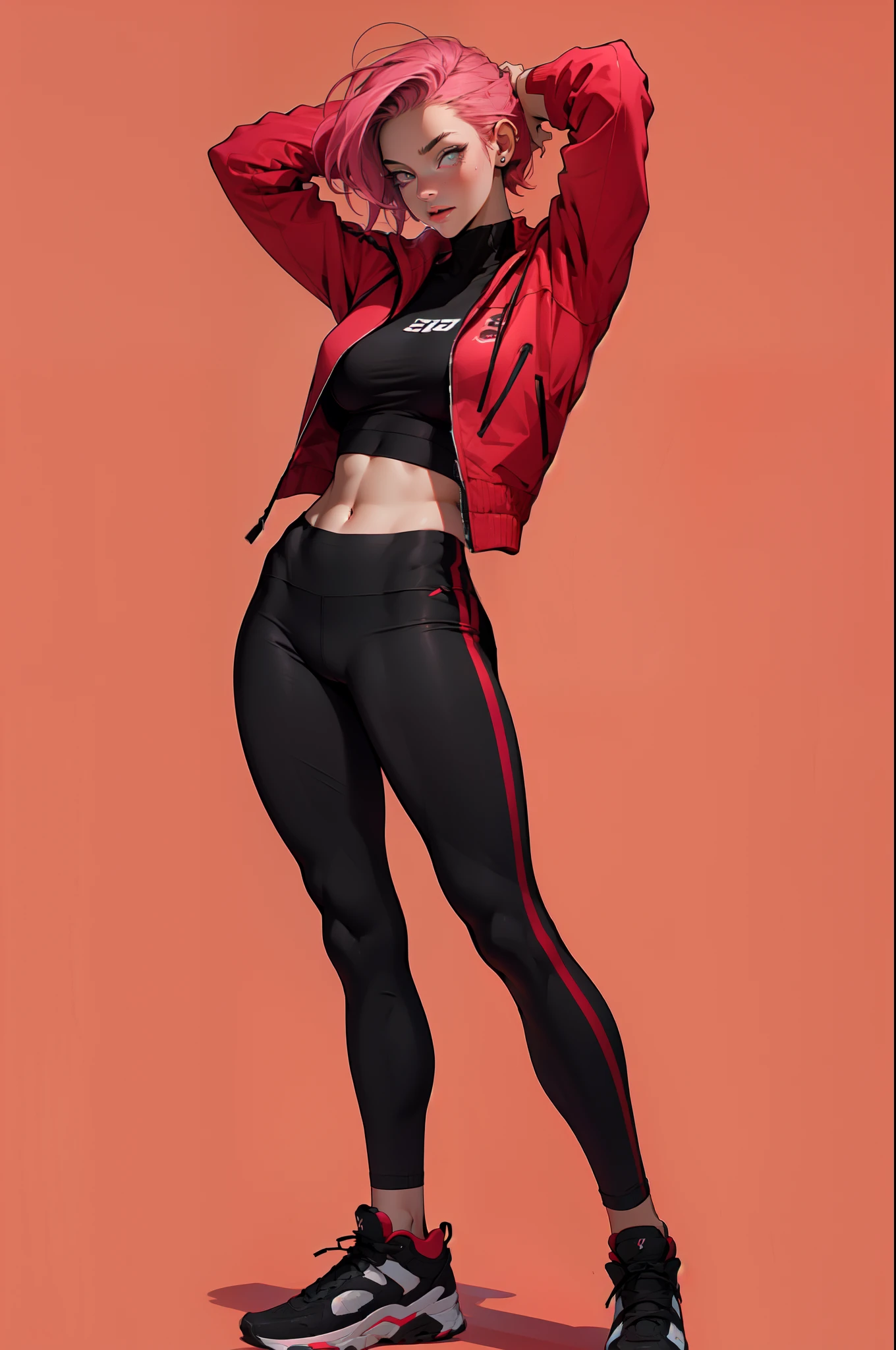 Masterpiece, best quality, high-res, extremely detailed, 1 girl 18 years old lookig very arrogant, in shape, fitness, ((female focus:1.3)), woman, tomboy, marimacho, red/black/pink, simple color background. (fullbody:1.3), ultra sharp, perfect face, detailed face, perfect eyes, detailed eyes, looking at th viewer