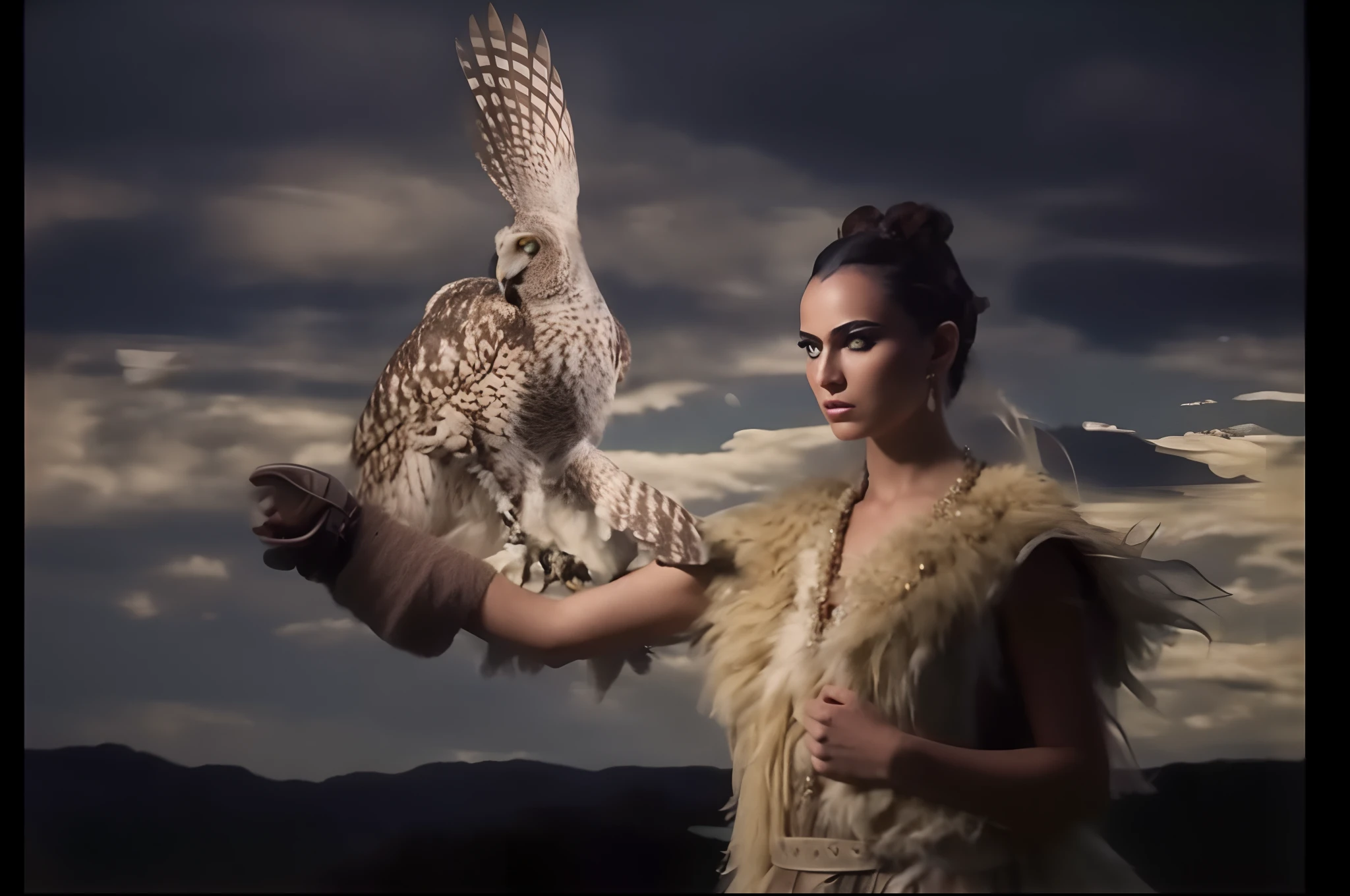 The Alafi woman holds a large owl in her hand, cinematic goddess shot, national geographic photoshoot, fantasy photoshoot, 4k fashion shoot, national geographic photo shoot, There is an owl on the shoulder, harpy woman, owl wizard, award winning fashion photo, avian warrior, Inspired by Herbert James Gunn, fashion shoot 8k, by Galen Dara