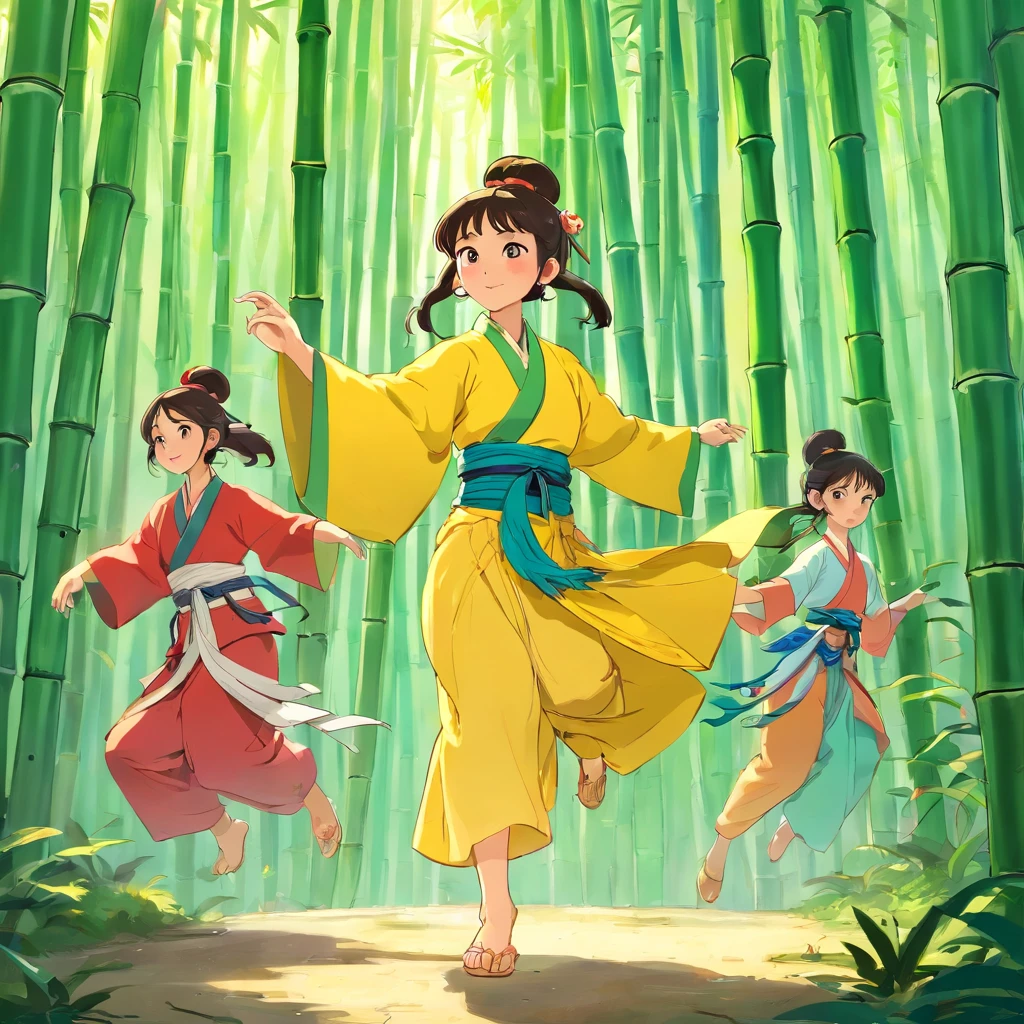 rural village background,bamboo forrest,Zhuang people,Sing mountain songs,Guangxi Mountain,a color,group of people,Girl,Zhuang costumes, Dance,Bamboo pole dance,Bamboo handicrafts,Bamboo pole dance,A group of ethnic groups with Guangxi Zhuang characteristics,Dance together,Fight monsters,Chase away the monsters,Zhuang Festival