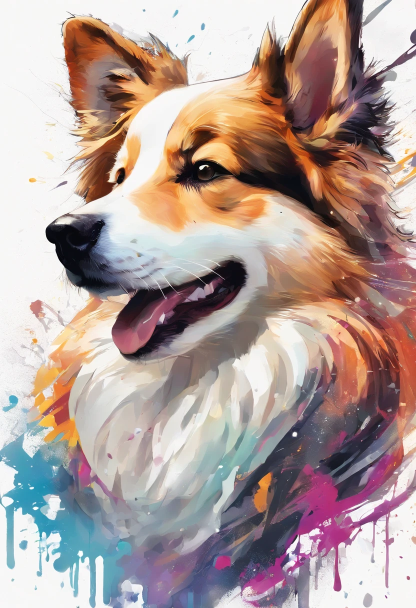 Splash Art, Shetland Shetland Shepherd Dog, ((White background)), piercing eyes, Epic Instagram, art stations, splash style of color paint, contours, hyper detailed intricately detailed , illusory engine, Fantastical, intricately details,, Complementary colors, fantasy concept art, 8K resolution, Deviantart's masterpiece, Oil painting, Heavy strokes, paint drips, splashart