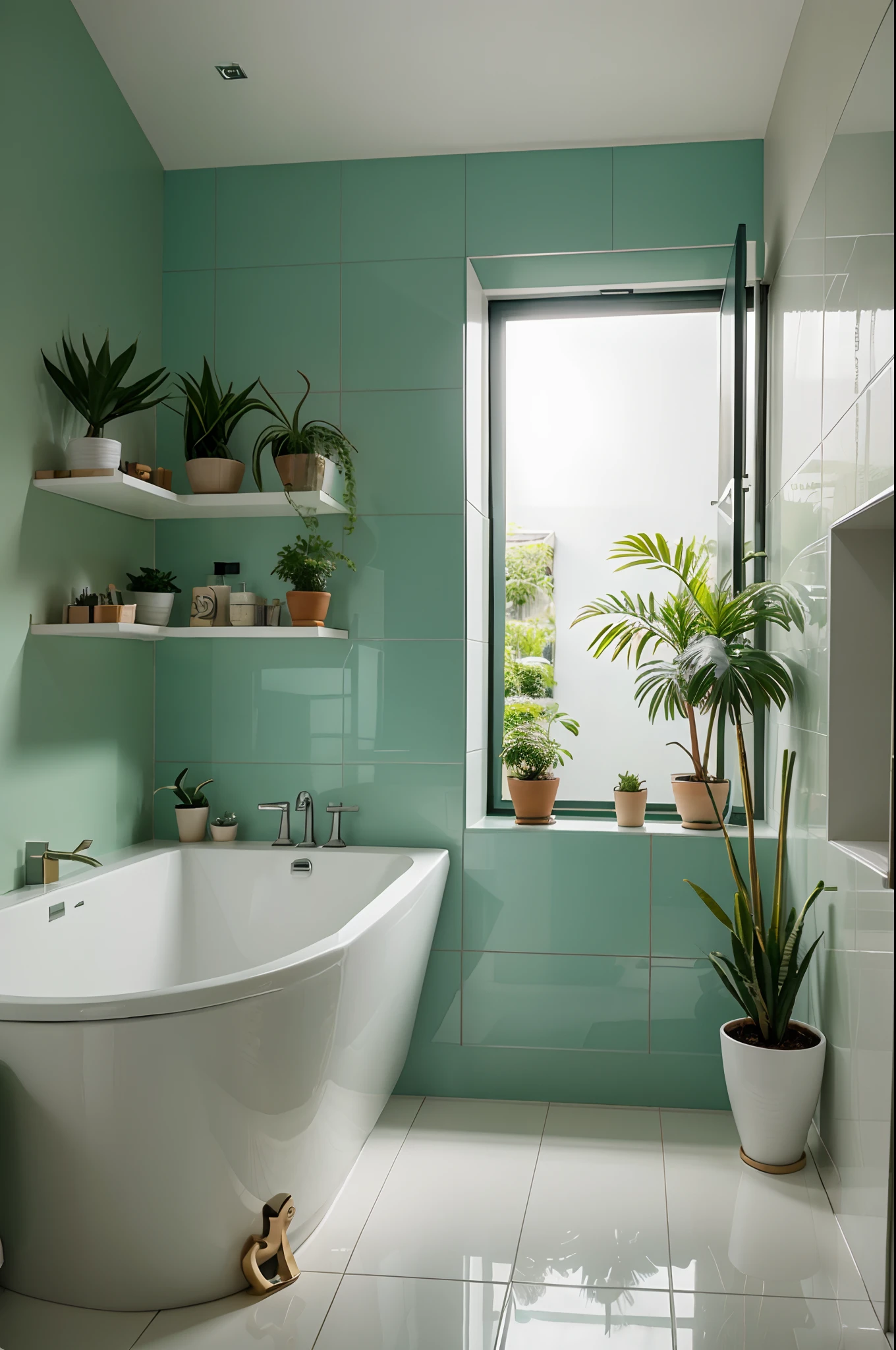 "Modern bathroom small interior design close to nature, potted plants, green plants.",day, 8k uhd, dslr, soft light, high quality, film grain, Fujifilm XT3