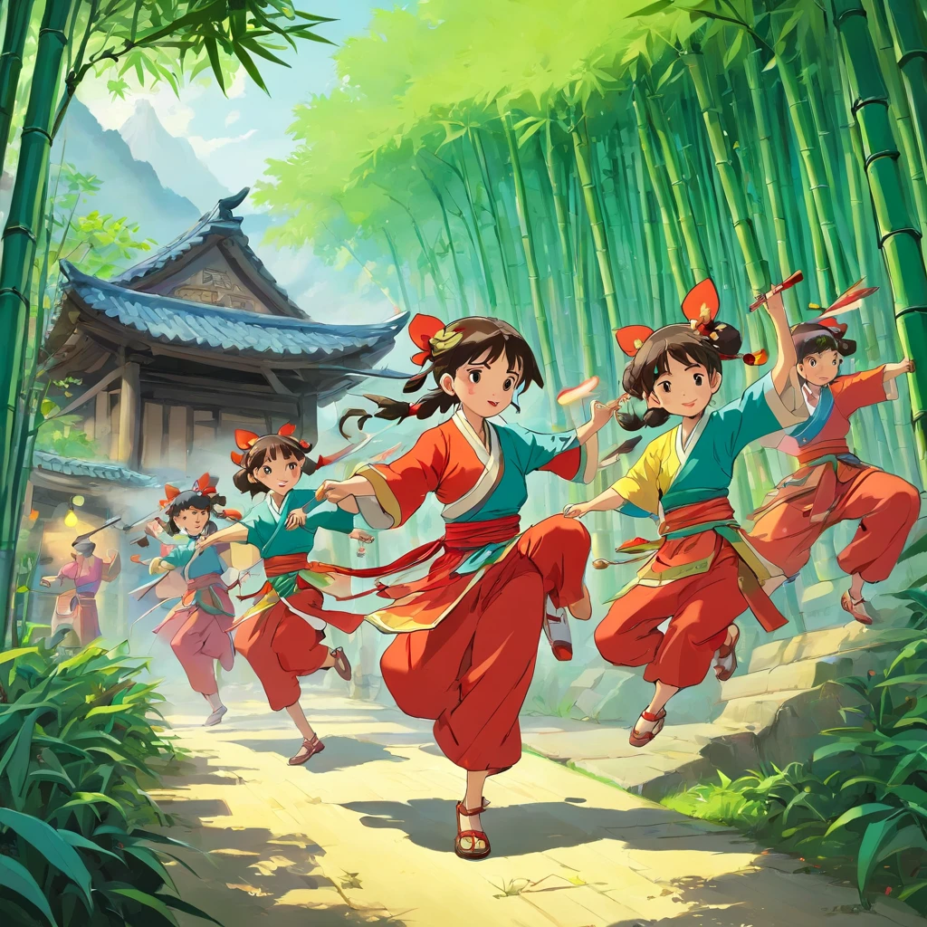 rural village background，bamboo forrest，Zhuang people，Sing mountain songs，Guangxi Mountain，a color，group of people，Girl，Zhuang costumes, Dance，Bamboo pole dance，Bamboo handicrafts，Bamboo pole dance，A group of ethnic groups with Guangxi Zhuang characteristics，Dance together，Fight monsters，Chase away the monsters，Zhuang Festival