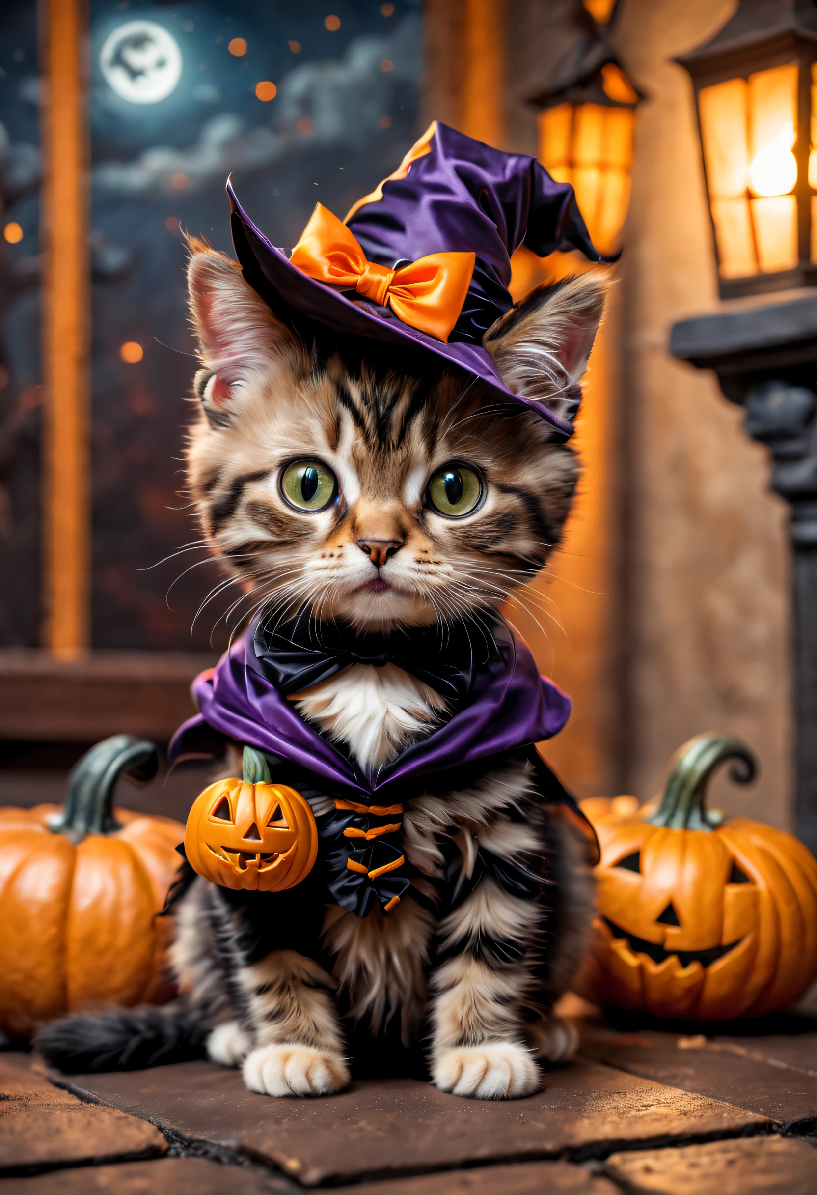 There is a cat dressed up for Halloween, a cute little cat, Cute, in a halloween style, Cute and adorable, a cute little cat, the cutest kitten ever, cute cat photo, Trick or Treat, 8k, 16k, award winning, best quality, highres, high details, super detail, anatomically correct, masterpiece