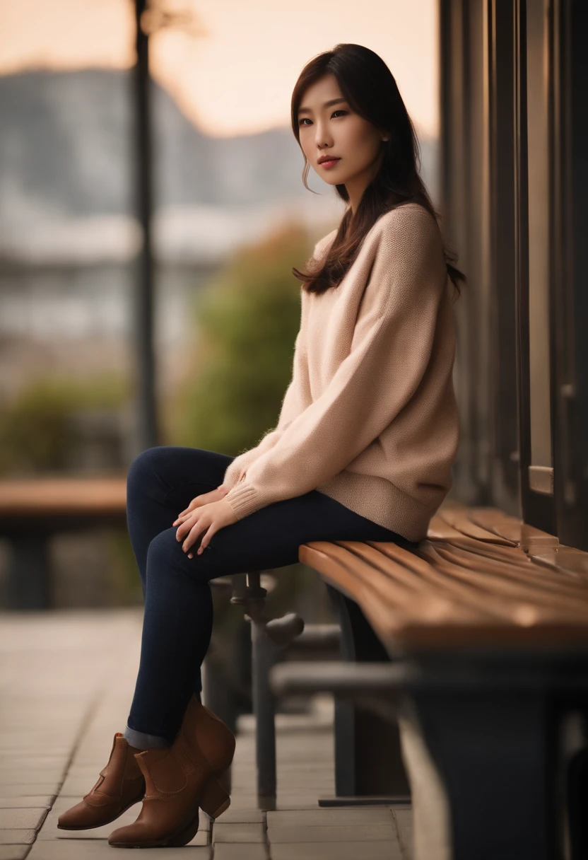 Close-up of a woman sitting on a bench wearing a sweater, Beautiful Asian girl, Asian girl, Japanese model, Yoshitomo Nara, cleavage, Sexy girl, Korean girl, girl cute-fine face, Middle Metaverse, chest up bust shot, Good young girl, Japanese goddess