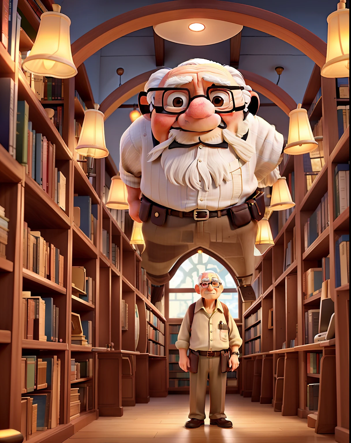 A wise old man standing in front, illuminated by the light of a lamp, against the backdrop of a library