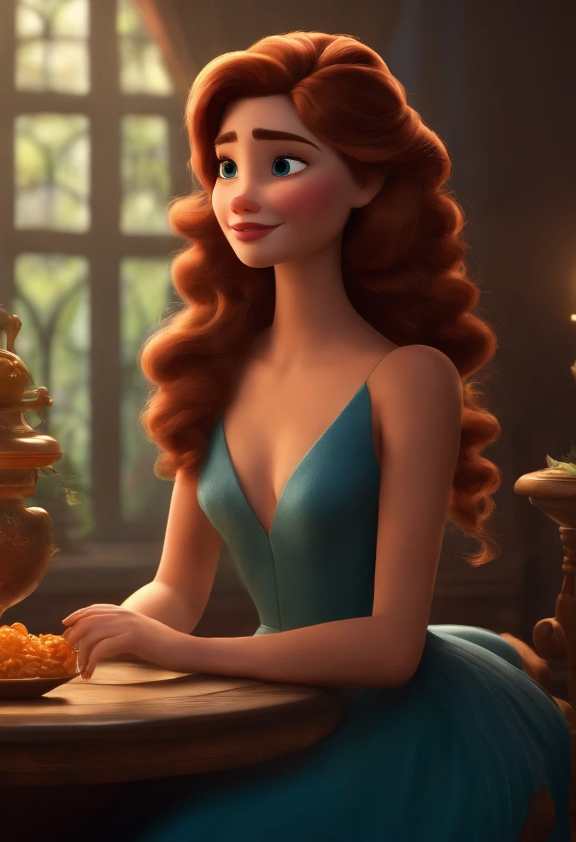 Um filme inspirado na Disney Pixar ( BRANCA JOVEM COM CABELO LONGO LOIRO) dentro A cena estar na arte distinta do estilo PIXAR, estilosa e elegante, social media