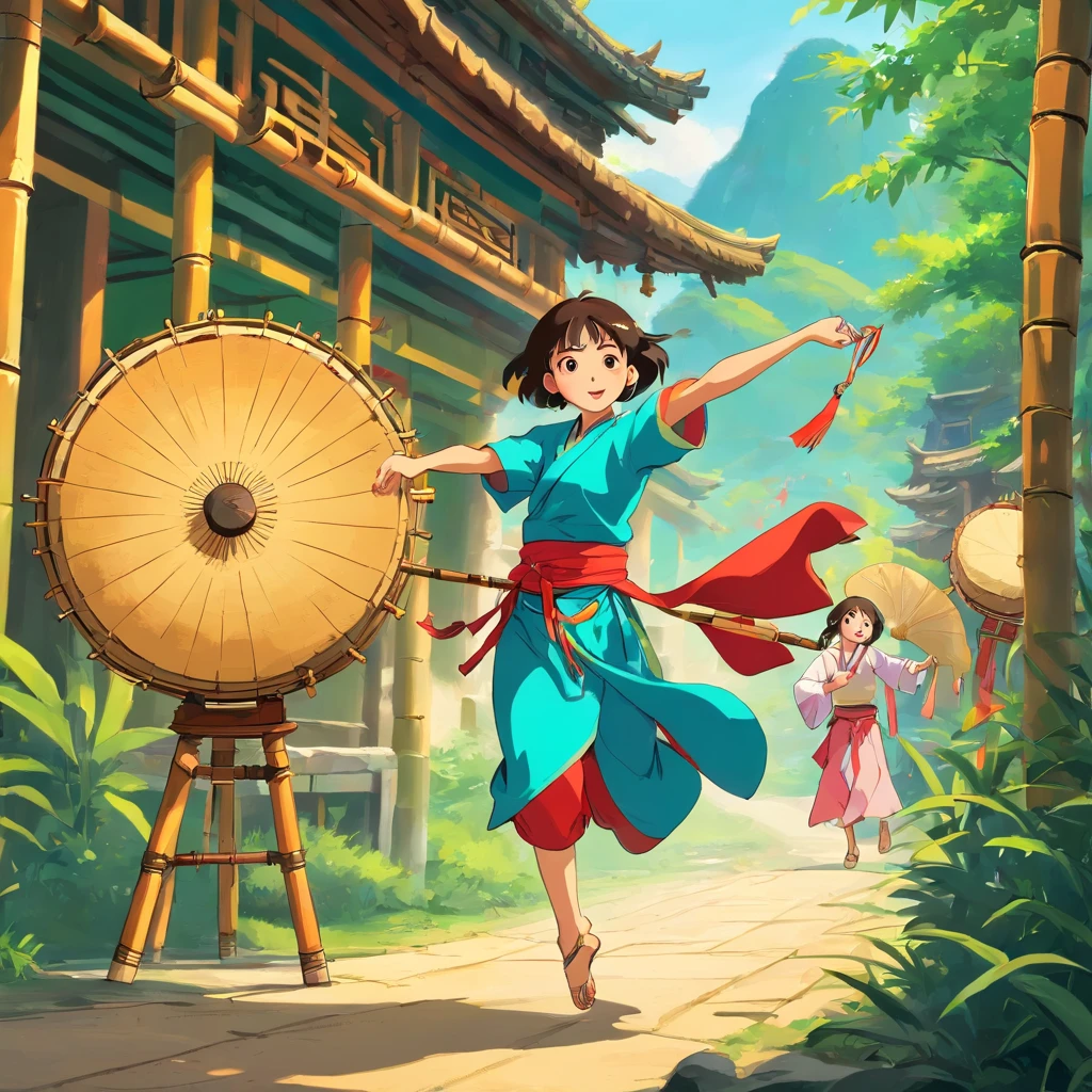 rural village background,bamboo forrest,Zhuang people,Sing mountain songs,Guangxi Mountain,a color,group of people,Girl,Zhuang costumes, Dance,Bamboo pole dance,Bamboo handicrafts,Bamboo pole dance,A group of ethnic groups with Guangxi Zhuang characteristics,Dance together,Fight monsters,Chase away the monsters,Zhuang Festival,Bang the gong and beat the drum