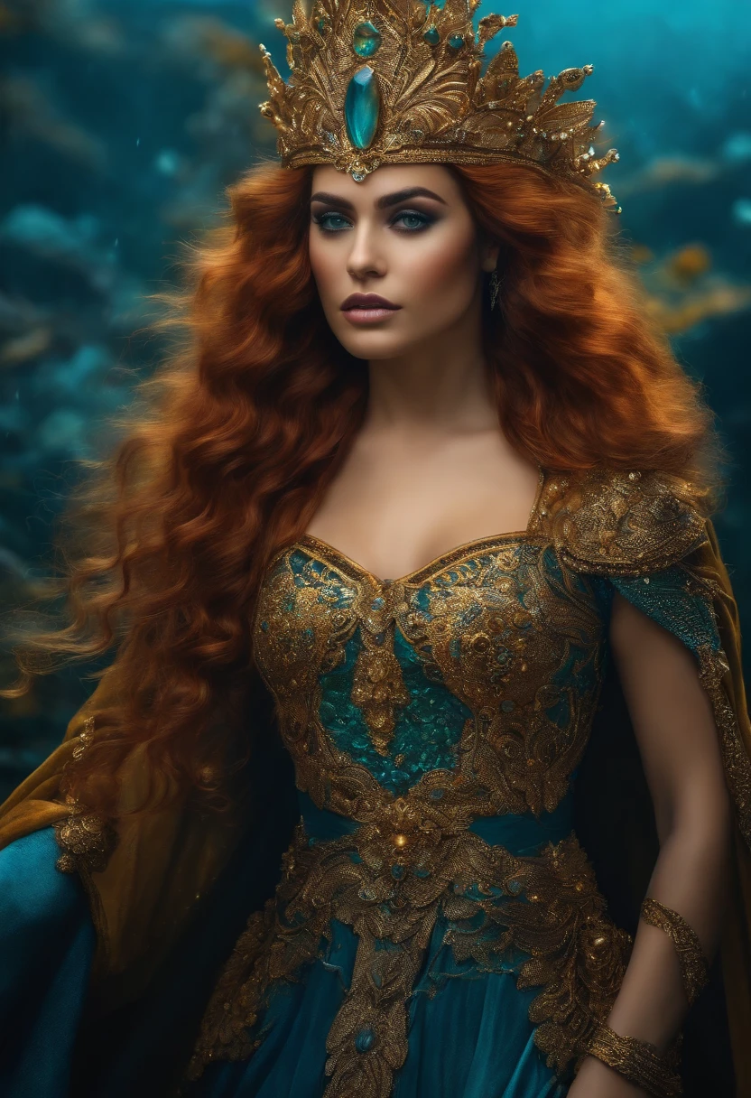 Rainha guerreira das sereias, loira armadura dourada, tridente cabelos ao vento