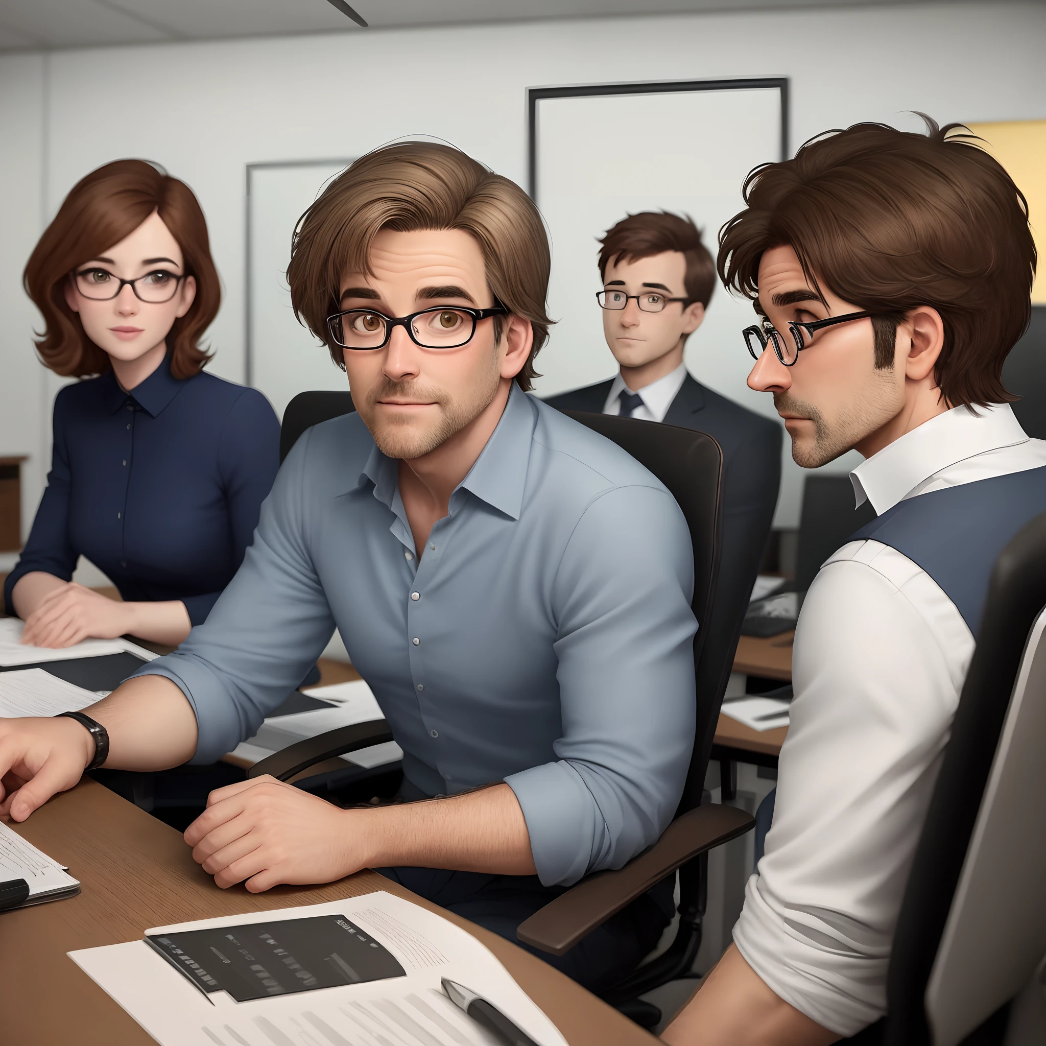 Crie um personagem estilo pixar. Homem de 40 anos, cabelo curto ondulado, castanho claro e do lado direito do cabelo na parte da frente um pouco grisalho. With glasses and light brown eyes. Sitting at an office desk with leadership position