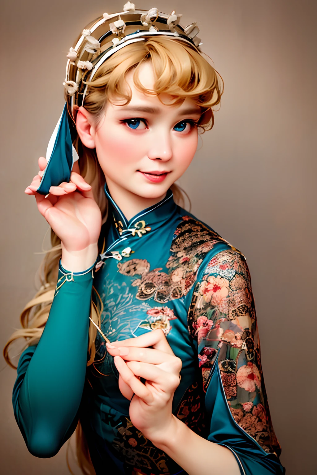 (Masterpiece), HD Hanfu women's clothing, European and American face, Perfect face, Long blonde hair, Blue eyes, Very charming.