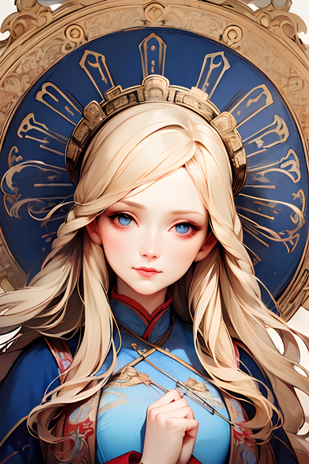 (Masterpiece), HD Hanfu women's clothing, European and American face, Perfect face, Long blonde hair, Blue eyes, Very charming.