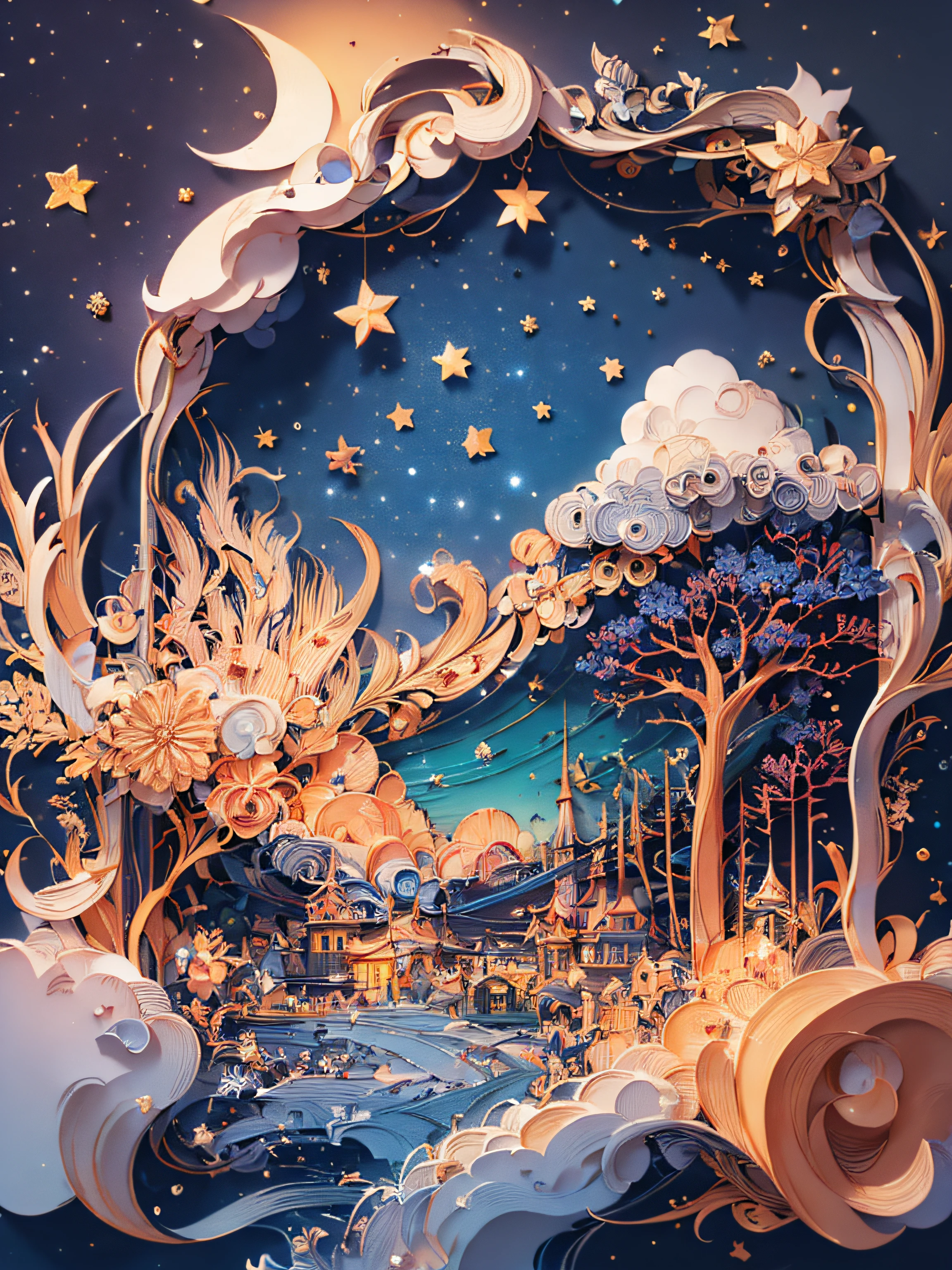 (((Masterpiece))),Best Quality, illustartion, skye, Cloud, Star \(symbol\),1male, handsome male, night time, luna, Star \(skye\), night sky, Starry sky, Bright colors, soft light,(warm color:1.2),aquarelle painting, light background, Exquisite details of the highest quality,3D Rendering,Octane Render, paper_cut